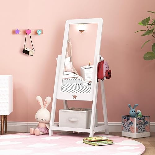 HONEY JOY Espejo blanco de longitud completa para niños, espejo de tocador independiente de princesa con estante inferior y caja de almacenamiento,