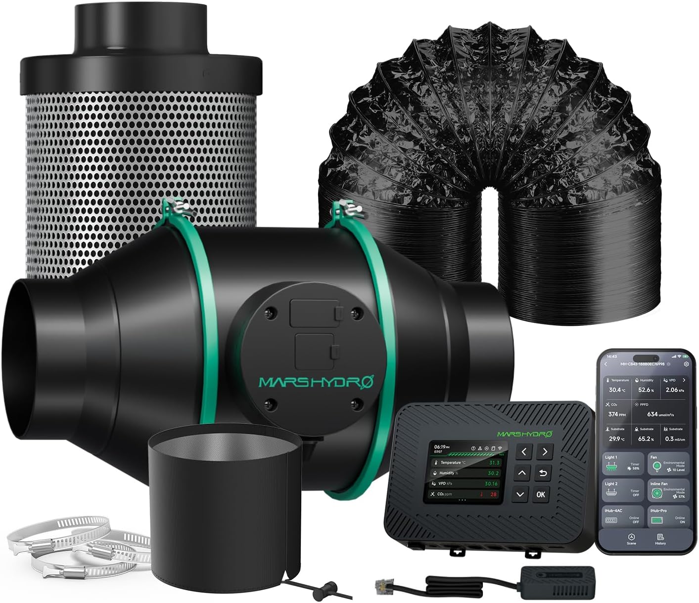 MARS HYDRO 4" Inline Fan Carbon Filter Combo- 4" Inline Fan with Temperature Humidity Controller, 4 Inch Carbon Filter, 33 Feet Ducting, 3 Duct Clamps Ventilation System for Grow Tent, Hydroponics