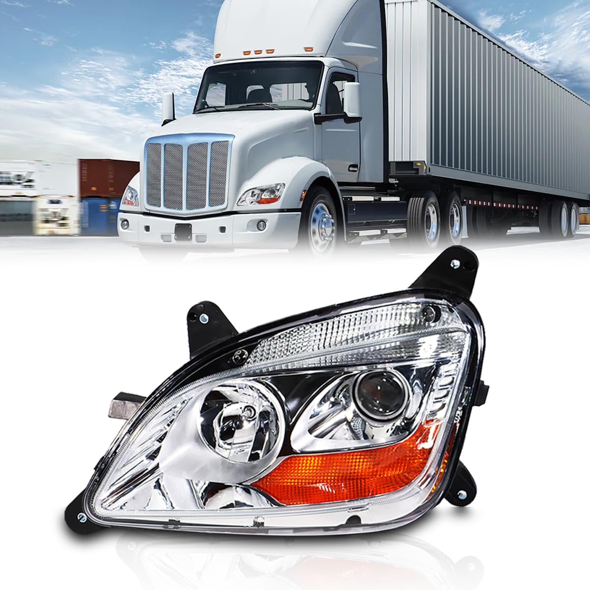 View 1 of ***FACTORY SEALED***Hpdmauto Fit for 2011-2023 Peterbilt 579 587 Class 8 Truck Projector Headlight Headlamp Chrome Housing Assembly Replacement Left