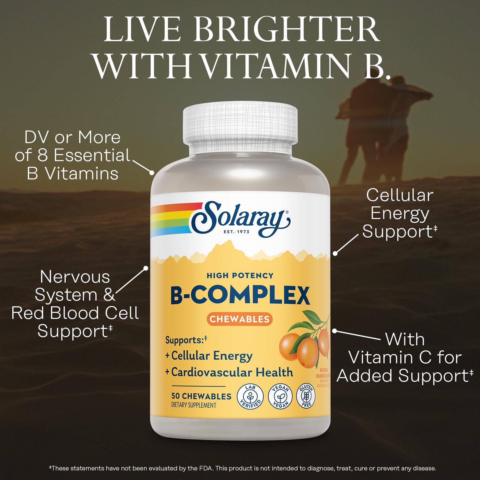 SOLARAY Vitamin B Complex Orange Chewables - High Potency B Complex Vitamins w/VIT B12, B6, B2, Biotin, Folic Acid, Vitamin C, Cellular Energy, Cardiovascular Support, Vegan, Gluten Free, 50 Servings — Amazon image 3