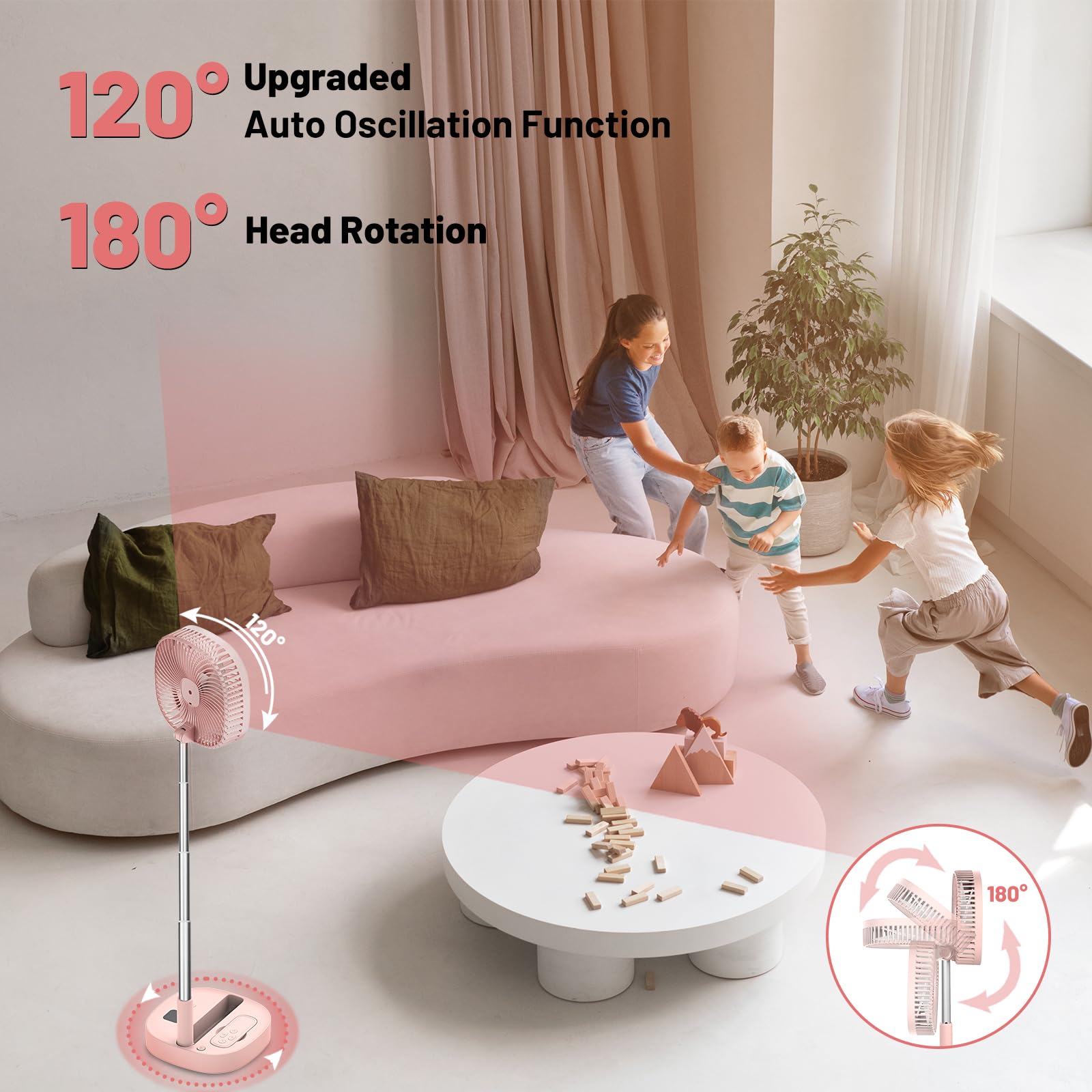 Ventilador de pedestal oscilante portátil con Romote, 4 velocidades de rotación telescópica de 120°, ventiladores plegables plegables de pie, 7200 mAh recargable, temporizador silencioso para 3