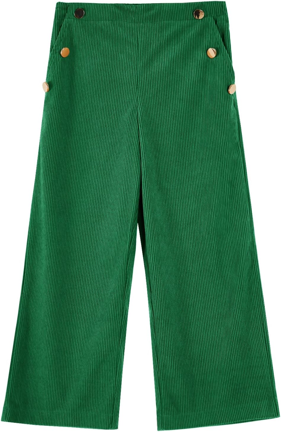 Haloumoning Girls Wide Leg Corduroy Pants Kids Elastic Waist Gold Button Trousers with Pockets 5-14 Years