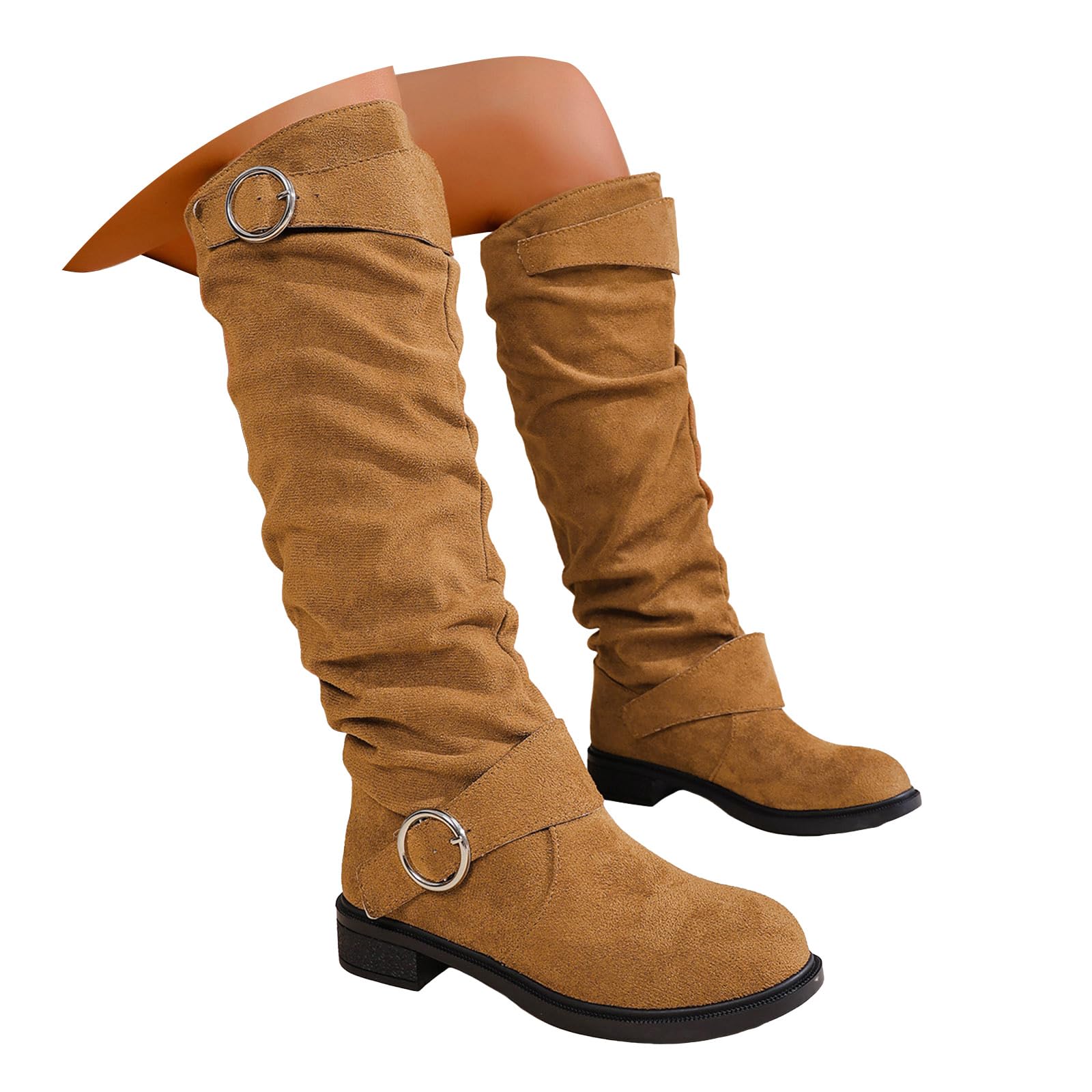 Suede Knee High Boots for Women Chunky Heel Tall Boot Womens Vintage Casual Round Toe Ruched Slouchy Low
