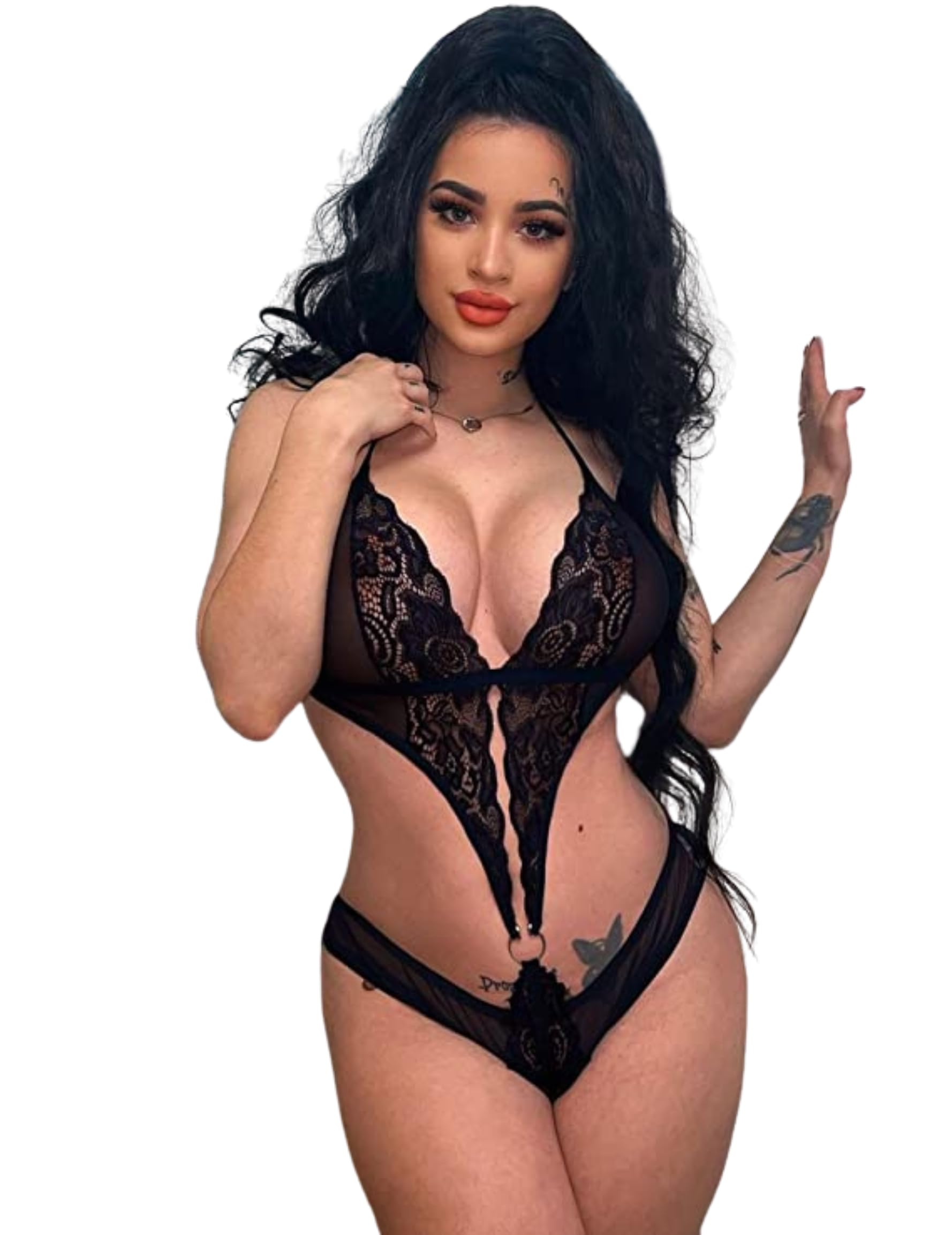 Women Lingerie Free Size Lace Teddy Bodysuit Sexy Sleepwear Deep Neck Halter One Piece Intimate Nightwear Flattering Floral Sheer Loungewear for Honeymoon Anniversary Special Nights-image-3