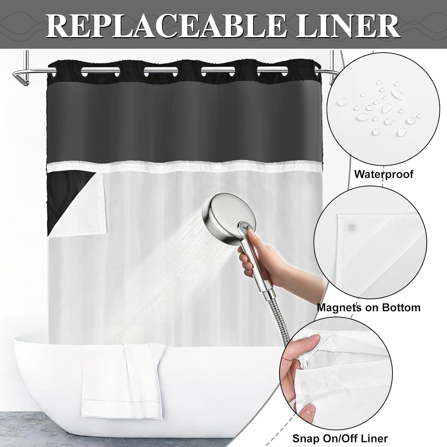 Yinhua No Hook Shower Curtain with Snap in Liner Set, Tufted Waterproof Shower Curtains for Bathroom Washable Bath Curtain Hotel Style Curtains with See Through Top Window, Black, 71" W×74" L