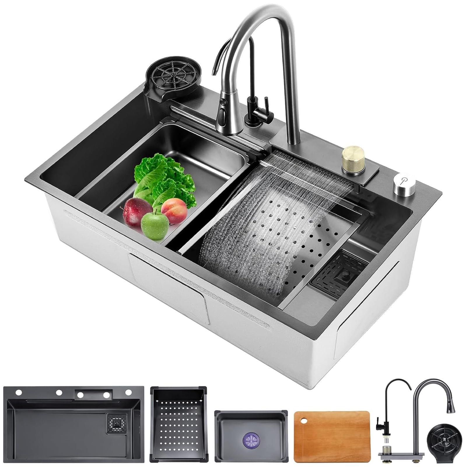 ZQFHSX Drop In Waterfall Kitchen Sink, Single Bowl Farmhouse Stainless Steel Bar Multifunctional Workstation With Cup Rinser, Drain Accessories(A,70x50x21cm)