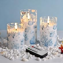 Blue Ocean Coastal Glass Flameless Pillar Candles with Remote Moving Flame | Flickering Summer LED Candles Set of 3, 2 AA Battery Powered, Home Table Shelf Mantel Accent Decor