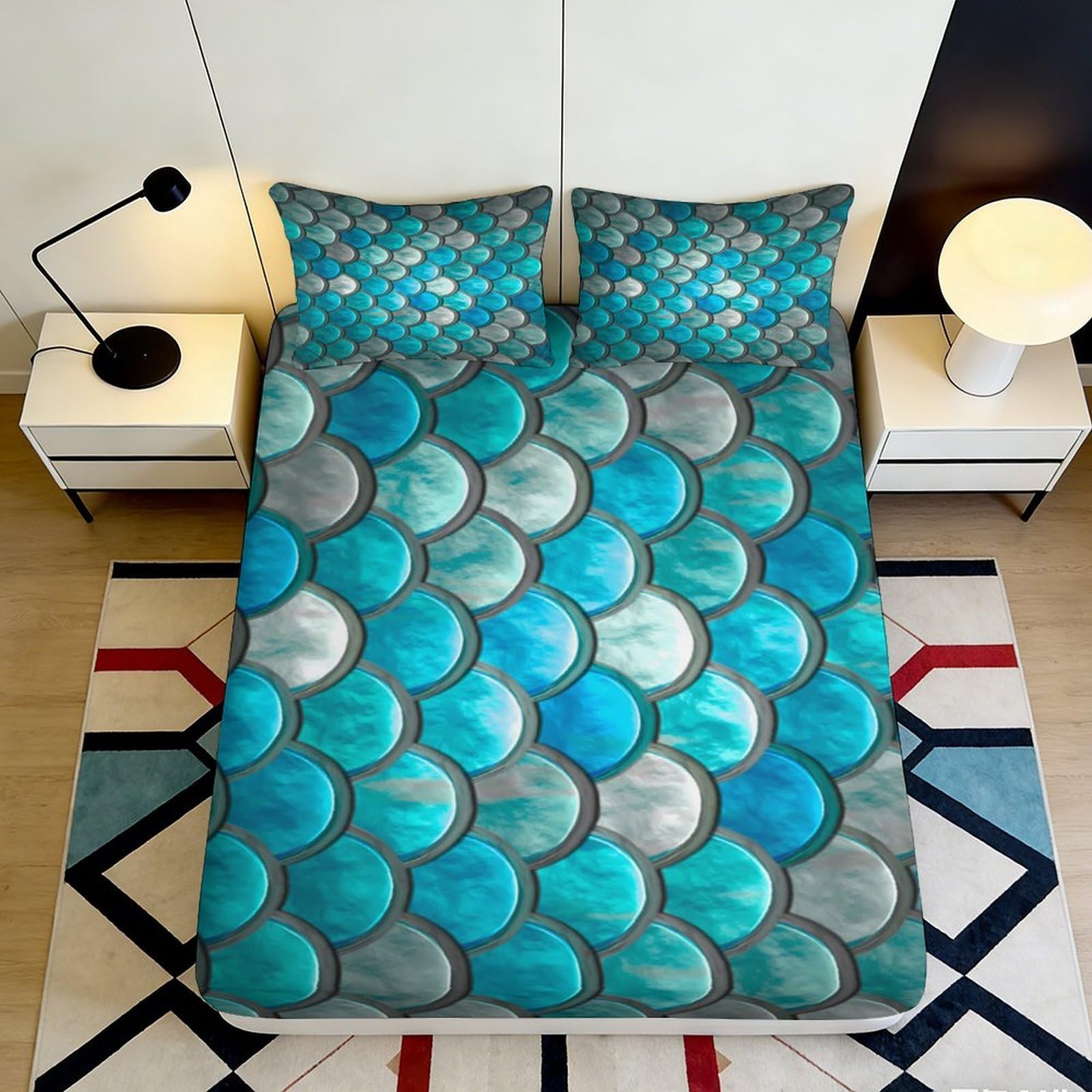 3D Printed Blue Turquoise Scale Pattern Fitted Sheet Microfiber Soft Breathable Silver Gradient Bed Sheet for Bedroom Dormitory Guest Room Mattress Protection Decor 140x200x25cm