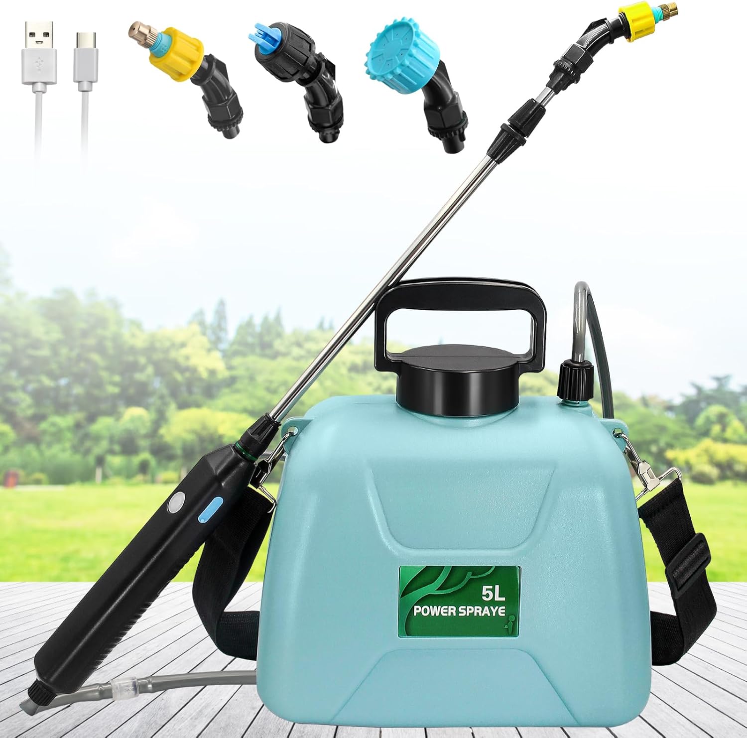 1.35 Gallon/5L Battery Powered Electric Sprayer with USB Rechargeable Handle, Portable Garden Sprayer with 23.6" Telescopic Wand, 3 Mist Nozzles and Adjustable Shoulder Strap Blue