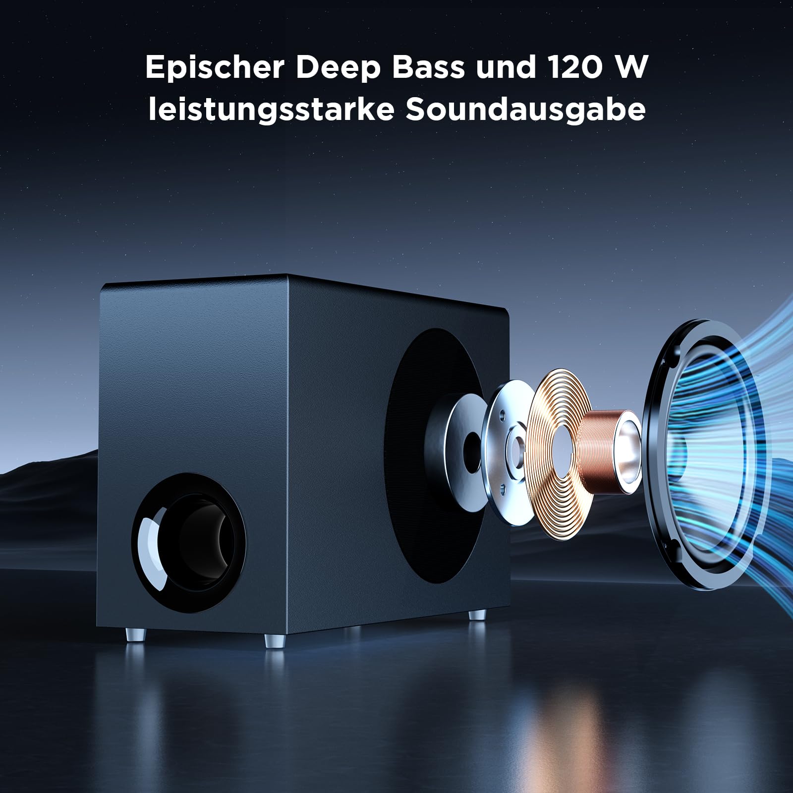 GarageRock Soundbar mit Subwoofer für TV Geräte, 120W 2-in-1 Soundbar TV Heimkino Soundsystem, 1 Set of Sorround Sound System mit Deep Bass&Lautstärkesteigerung&3 EQ Modi, Bluetooth 5.3/ARC/Opt/AUX