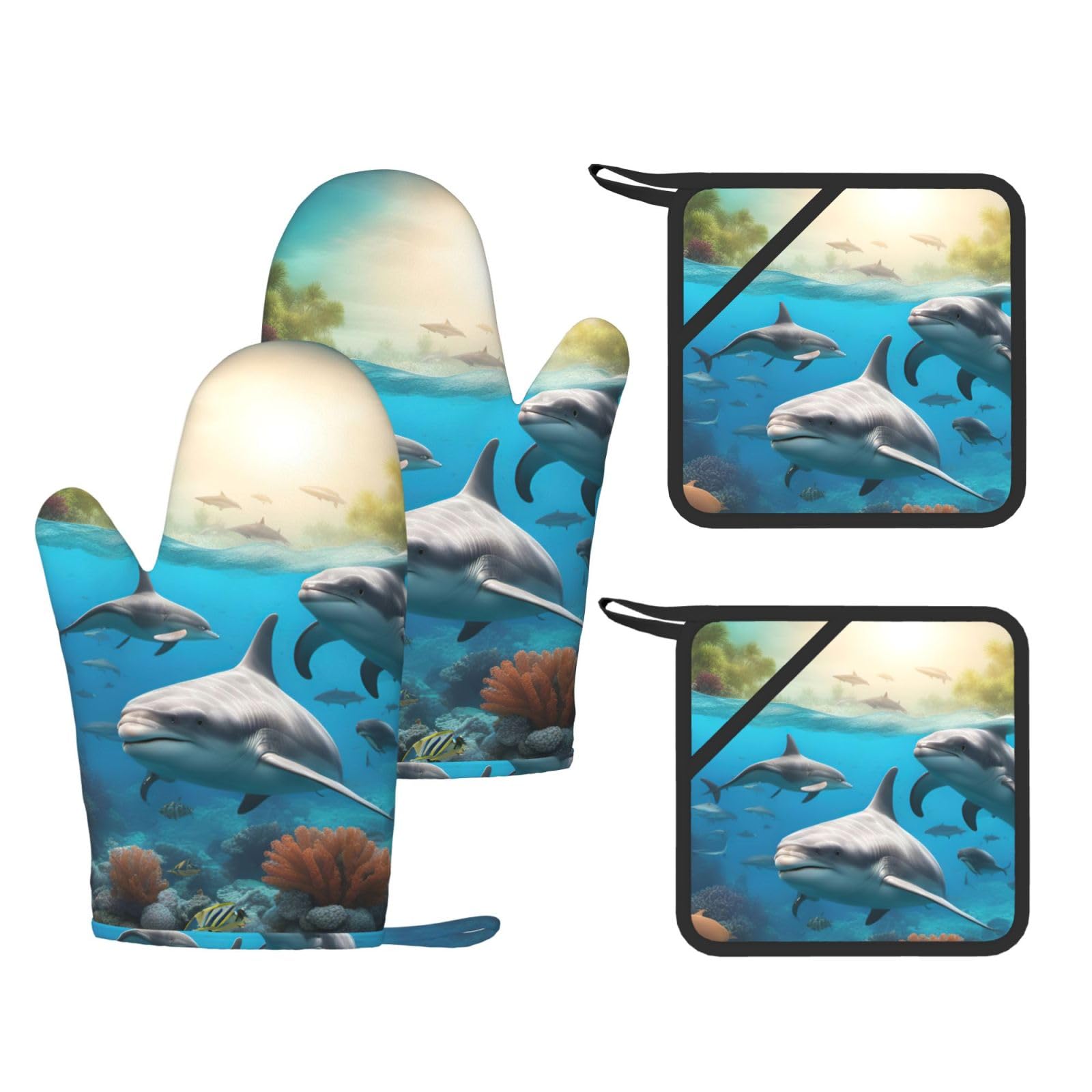 Gants anti-chaleur cuisine lot de 4 gants isolants à motifs pieuvre et requin