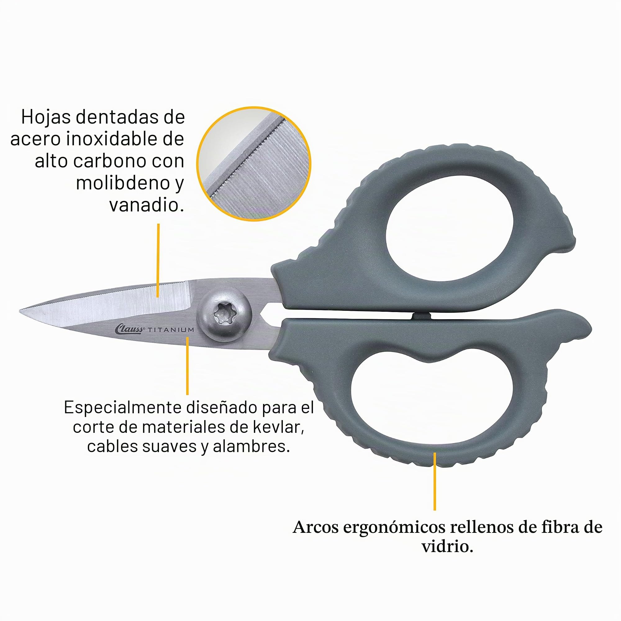 Clauss Tijeras de Kevlar de acero de alto carbono, con unión de titanio, de 14 cm, industrial, dentado, color gris