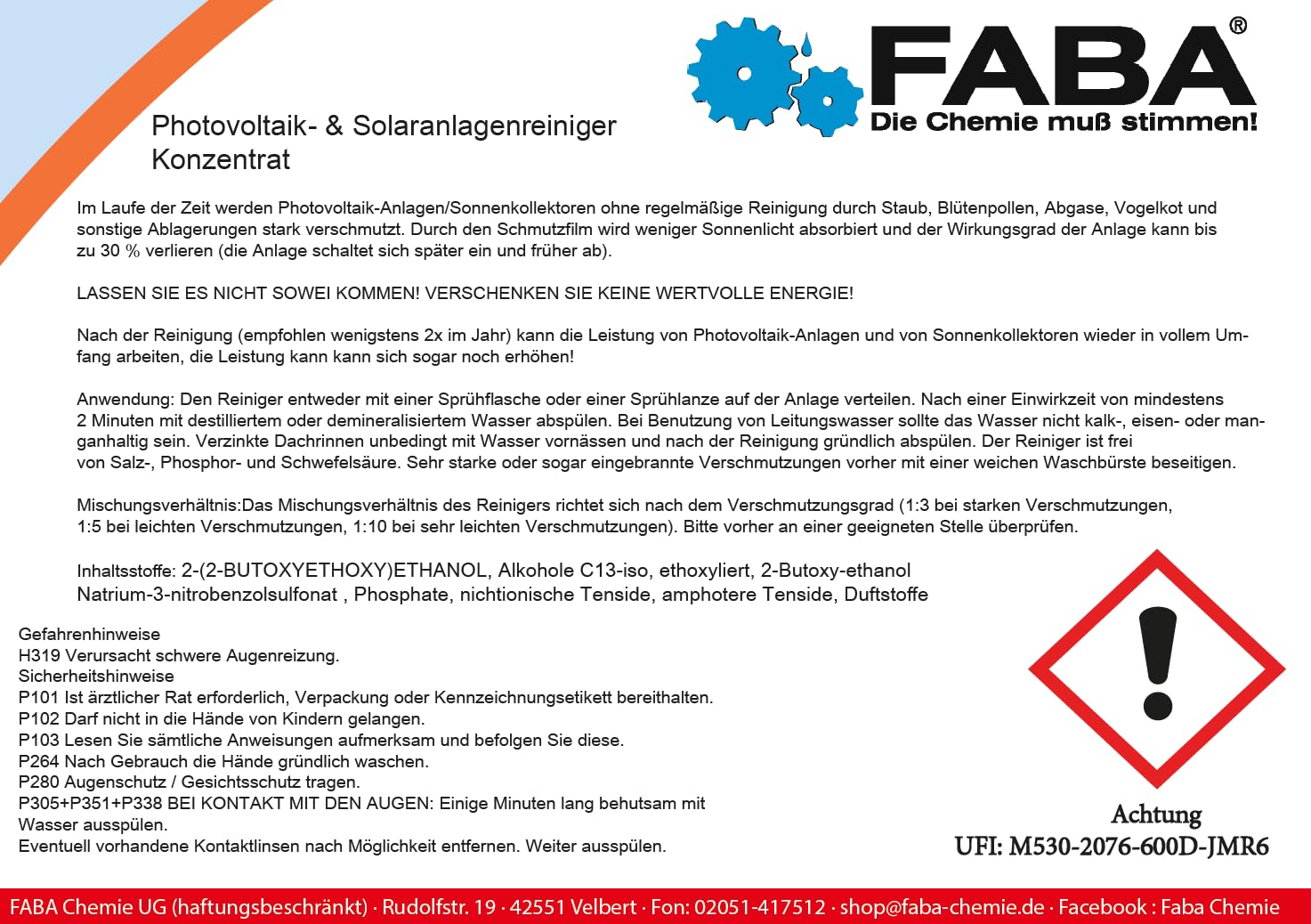 FABA Photovoltaik Reiniger Solaranlagen Reiniger 2 x 5 L Solar