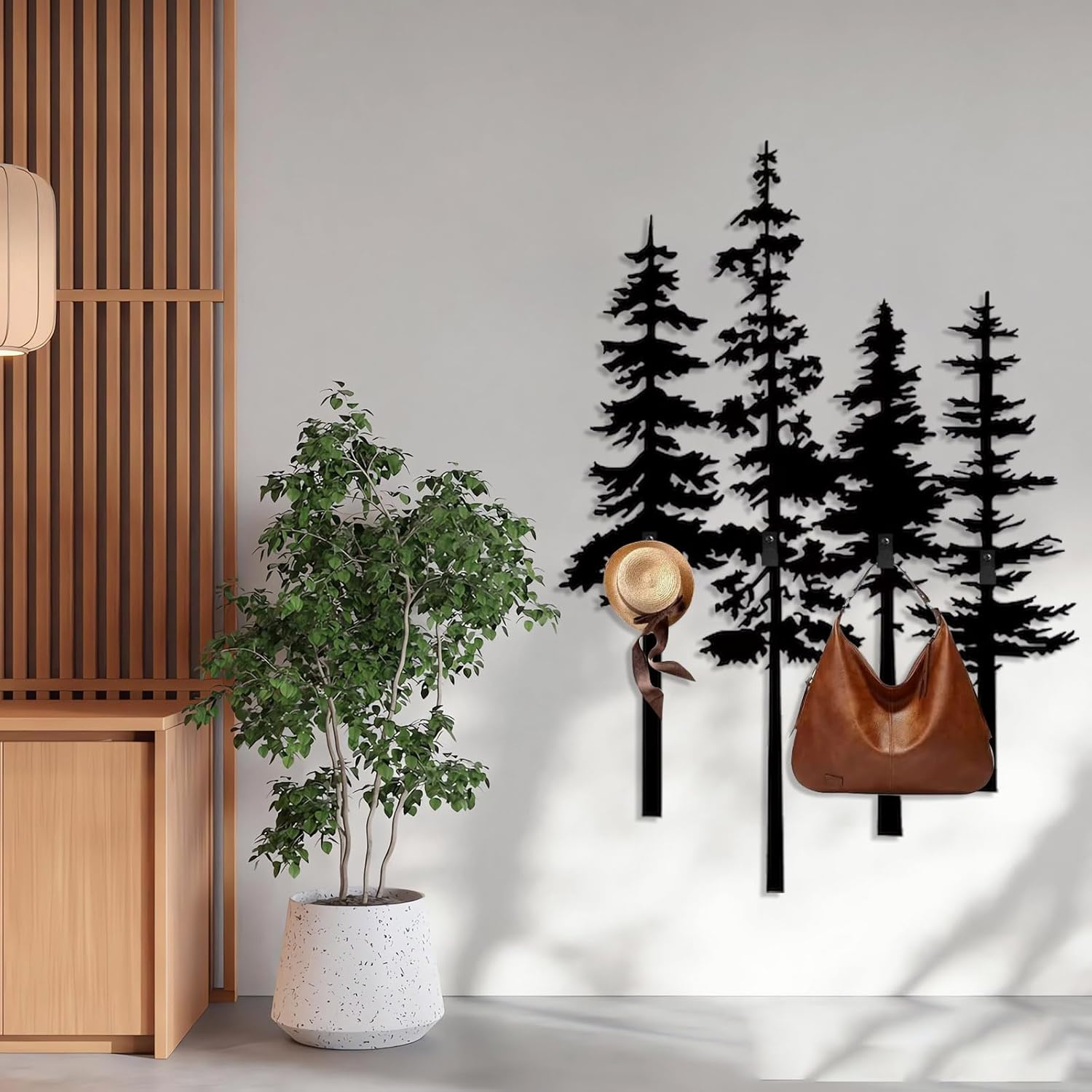 Metal Wall Pine Tree Coat Rack, Wall Mounted Coat Hooks Hanger, Pine Trees Wall Mounted Coat Rack, Metal Tree Hat Hanger, Key Holder, Entryway Wall Decor (Black, 28"x41"|70x105cm)