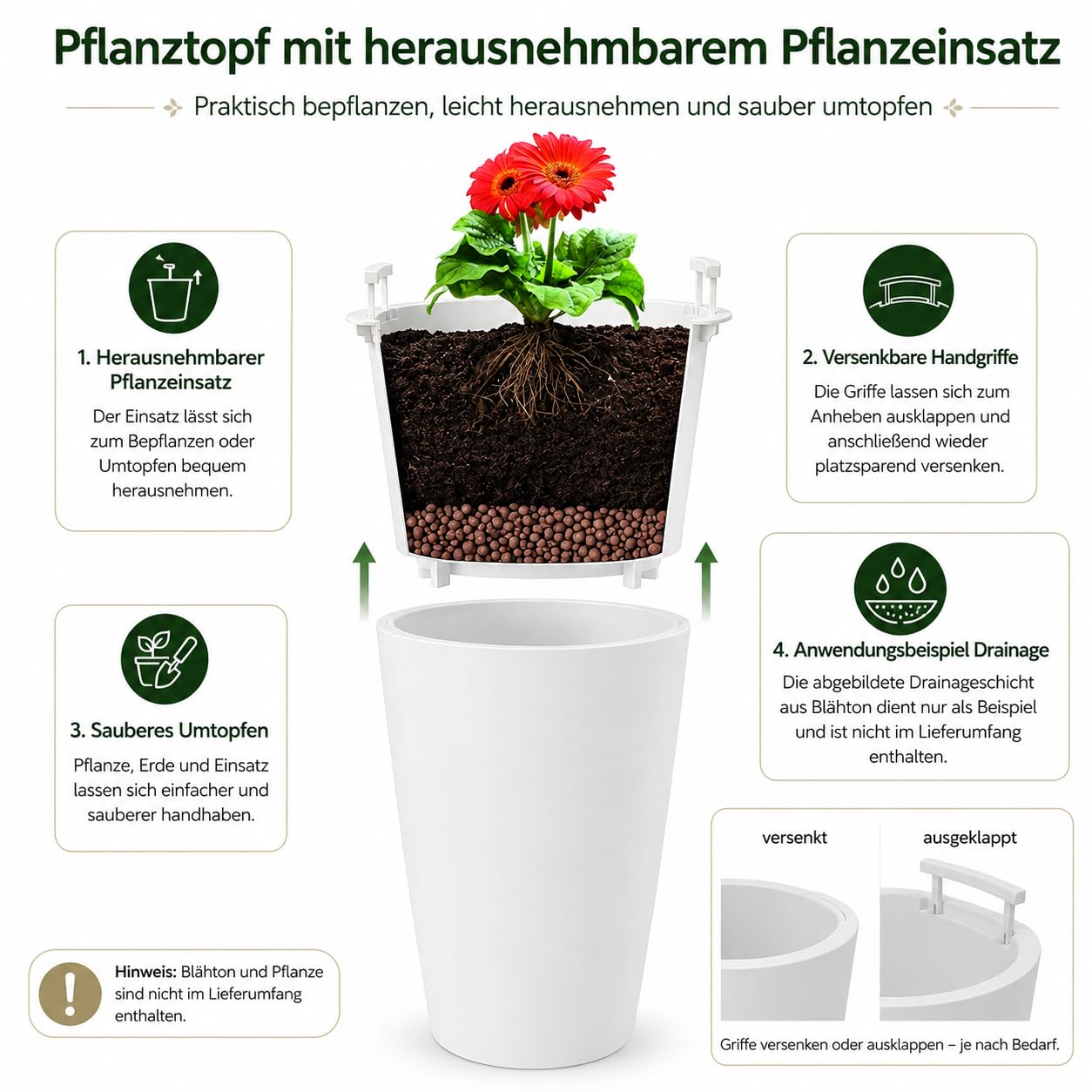 Pot de Fleurs, Rond, H 70 cm, Ø 36, Anthracite, Mate, capacité de 16 litres, avec Panier à Plantes Amovible, pour intérieur et extérieur, Fait de Haute qualité polypropylène