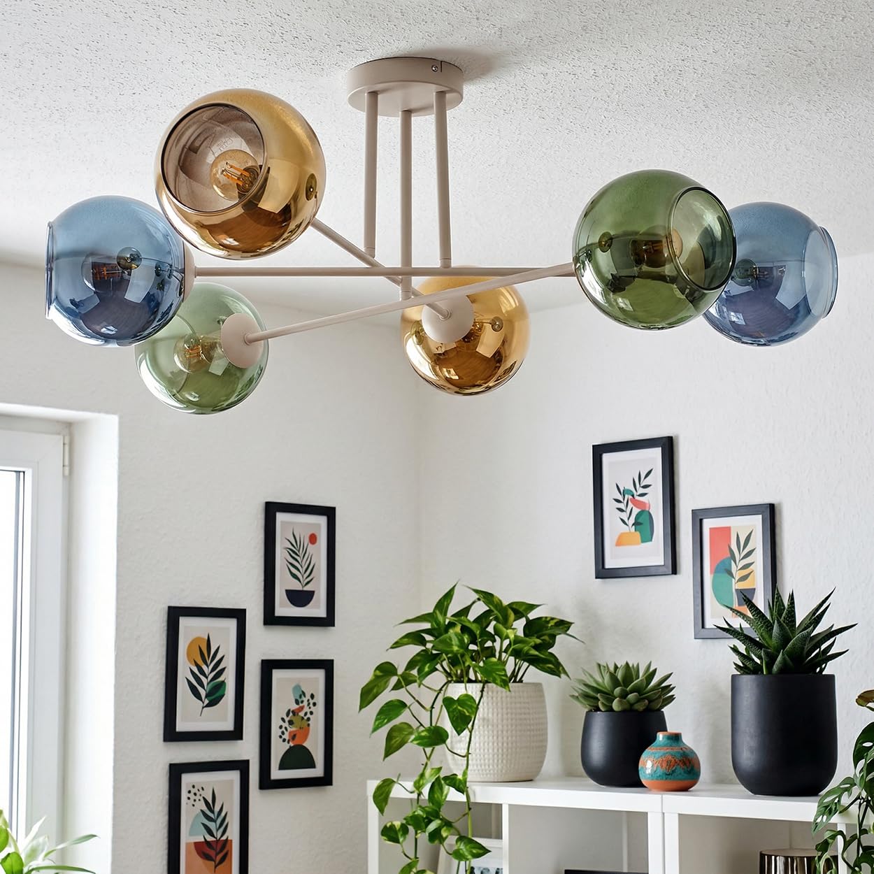 HOFSTEIN Deckenleuchte Koyoto, 6-flammige Deckenlampe aus Metall/Glas in Sandfarben/Blau/Grün/Goldfarben, moderne Leuchte im Retro/Vintage-Design, E14, Esszimmer, Küche, Wohnzimmer, Schlafzimmer