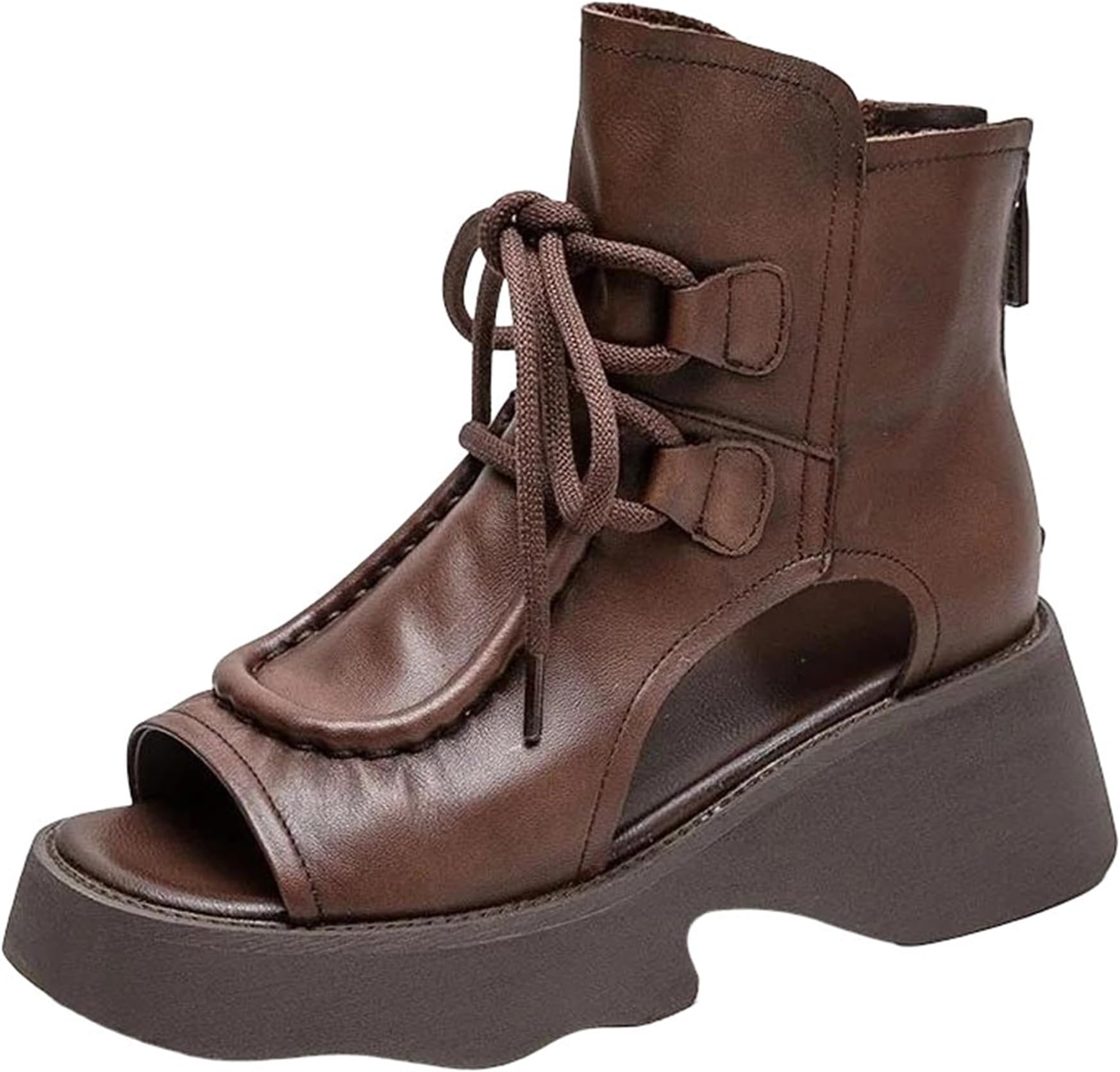Women's Handmade Retro Ankle Booties With A Peep Toe Hollow Out Design High Wedges Heel Platform And Secure Back Zipper