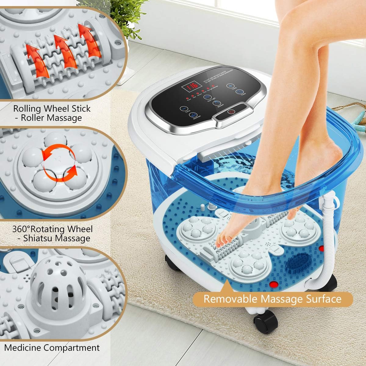 Giantex Foot Spa Bath Massager w/Heat, Adjustable Water Jets, Motorized Shiatsu Massage Balls & 2 Maize Rollers, Time & Temper Control, LED Display, Home Pedicure Foot Bath Tub (Navy Blue) : Beauty & Personal Care