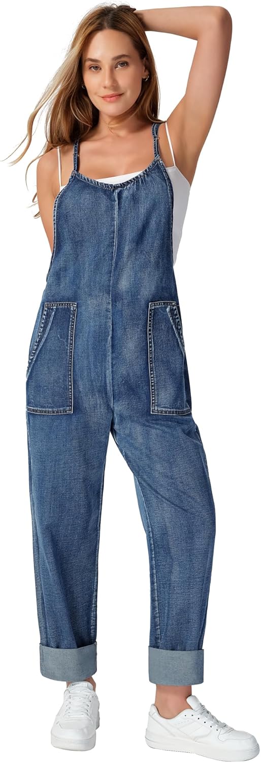 roswear Women's Denim Overalls Thin Sleeveless Jumpsuits with Adjustable Strap Cuffed Hem