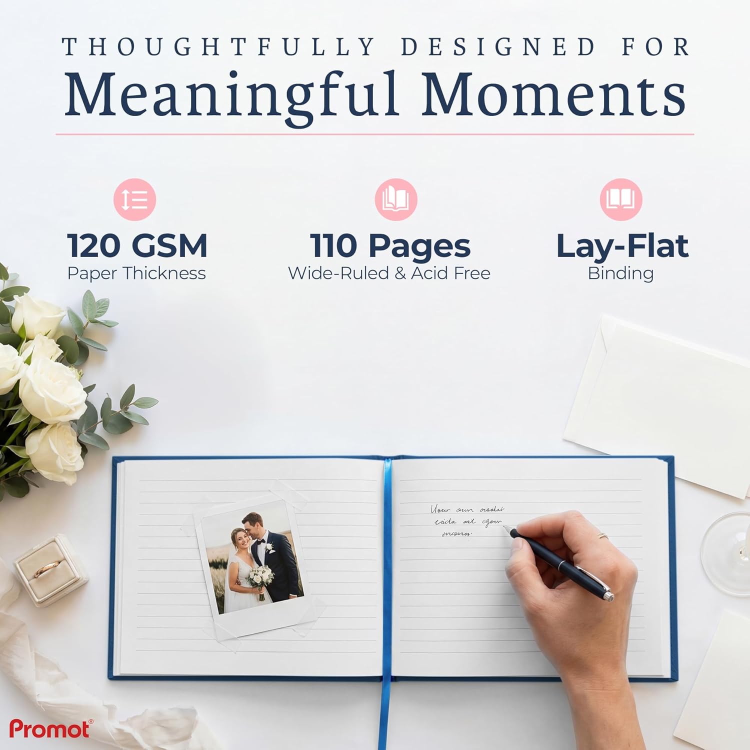 Promot Personalized Guestbook for Party (Sapphire Blue) - 110 Lined Pages in Wood-Free Vegan Leather Hard Cover - Wedding Guest Book Sign in and Photos, Baby Shower, Birthday or Graduation