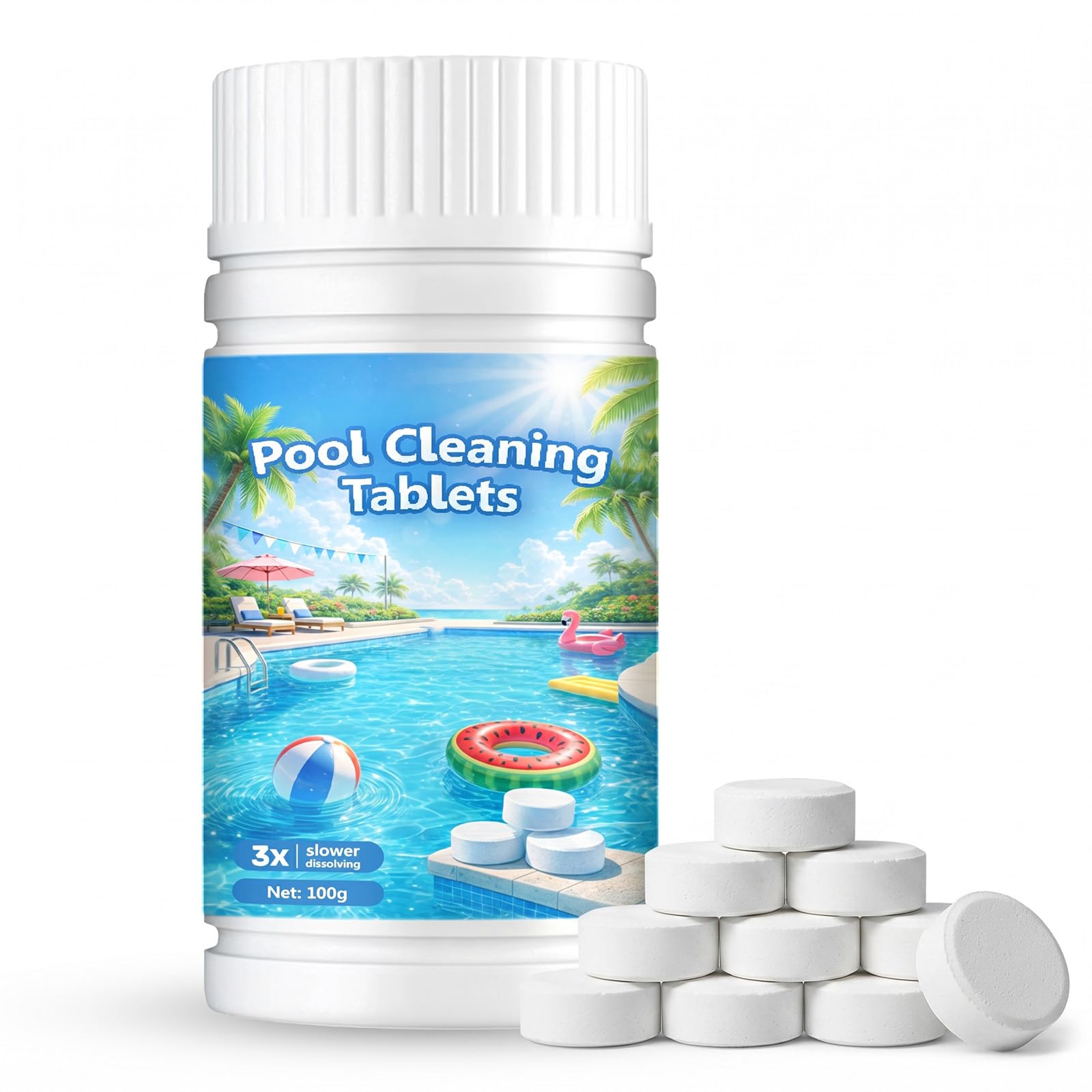 Faminess Chlorine Tablets for Swimming Pool Cleaning Hot Tub Chlorine Tablets 3x Slower Dissolvng Keep The Water Clear Quickly Remove Odours Protect Your Health 100PCS