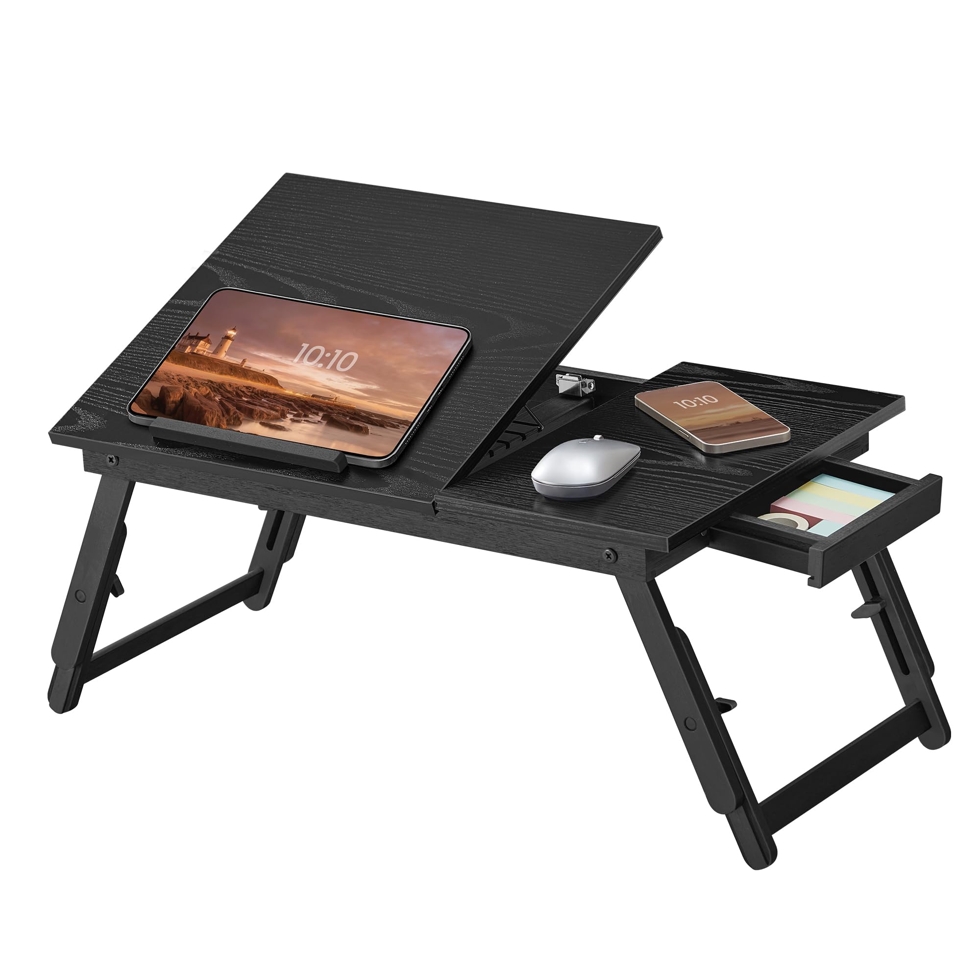 SONGMICS Bed Laptop Table, Bed Desk with Adjustable Angle and Height, Foldable Stand for Laptop up to 15.6 Inches, for Working Reading Breakfast, Bamboo, Drawer, Ink Black LLD105BE01
