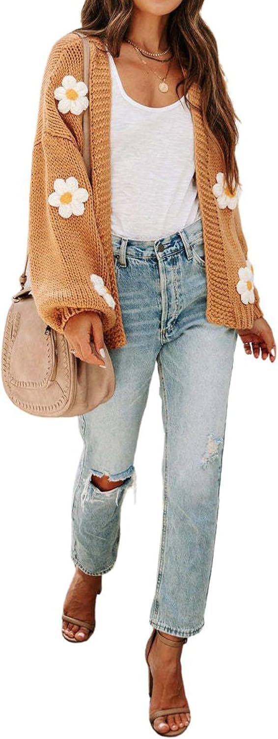 CHARTOU Women's Kawaii 3D Floral Applique Open Front Cardigan Sweater Y2k Knitwear