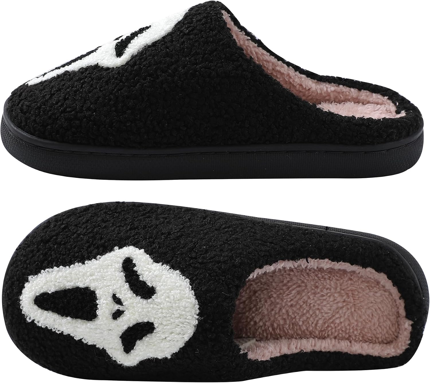 Spooky Halloween Ghost & Skull Print Slippers - Horror Themed Plush Lined House Shoes with Eerie Embroidery, Cozy Yet Creepy Indoor Footwear for Men and Women