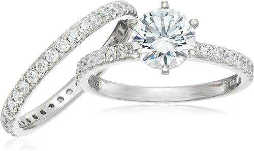 Miniatura 4 de Tienda Essentials Juego de anillos de boda de plata de ley chapada en platino o oro con circonita cúbica de corte redondo con elementos infinitos