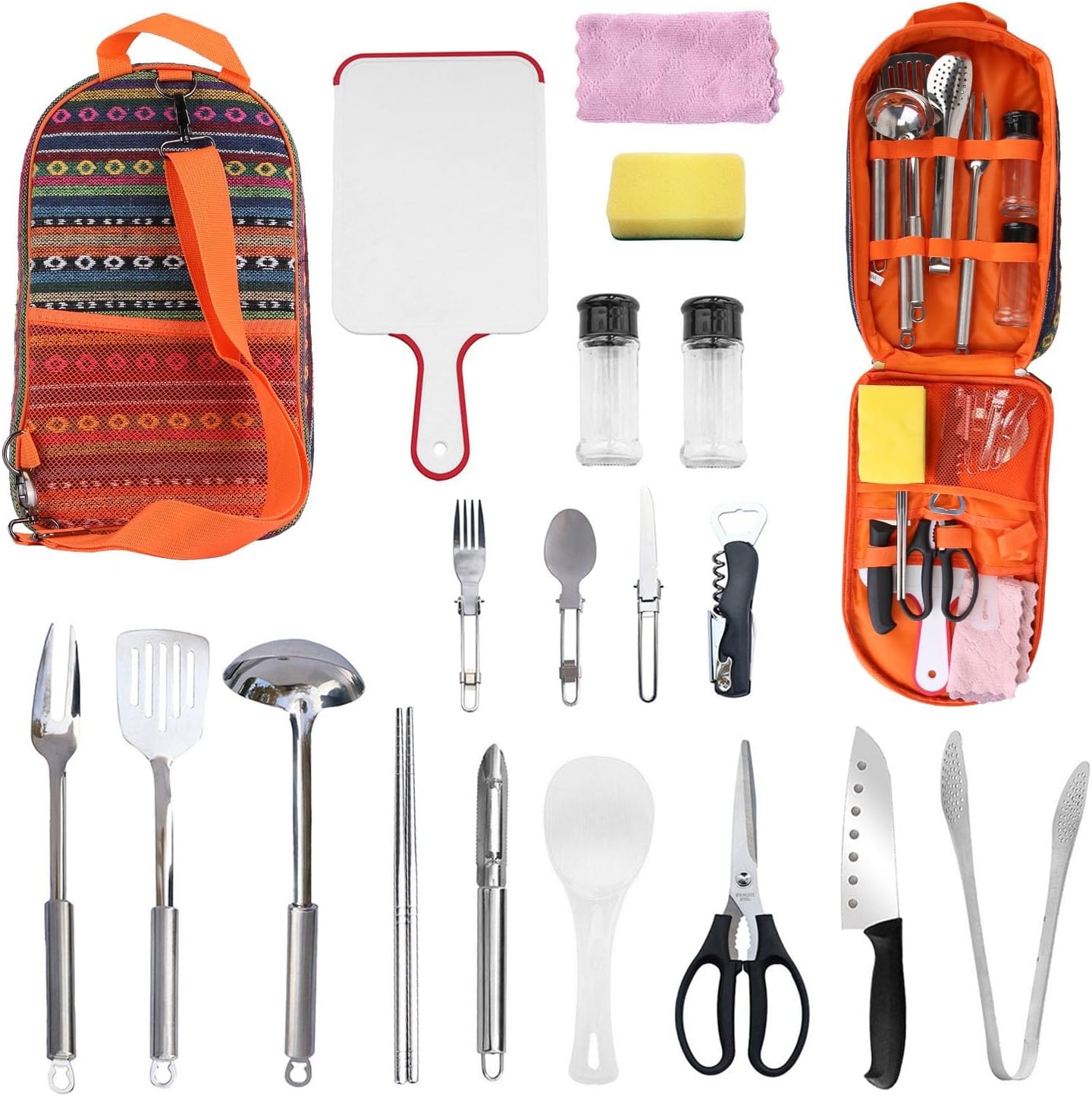19-Pcs Camping Cooking Utensil Kit Portable Picnic Cookware Outdoor Kitchen Equipment Gear Campfire Barbecue Appliances with Storage Bag - 13.8"x7.87"x2.8" - 2.9lbs