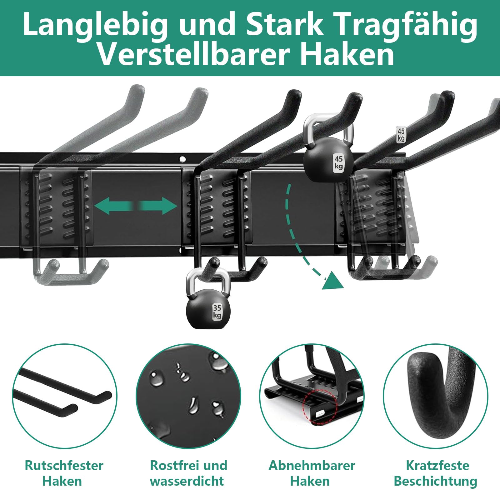 Gerätehalter Wandhalterung, 200cm Gartengerätehalter Metall mit 5 Schienen, Besenhalterung Wand mit 15 Verstellbaren Metallhaken, Tool Organizer Wandhalterung für Besen, Schaufel, Gartengeräte