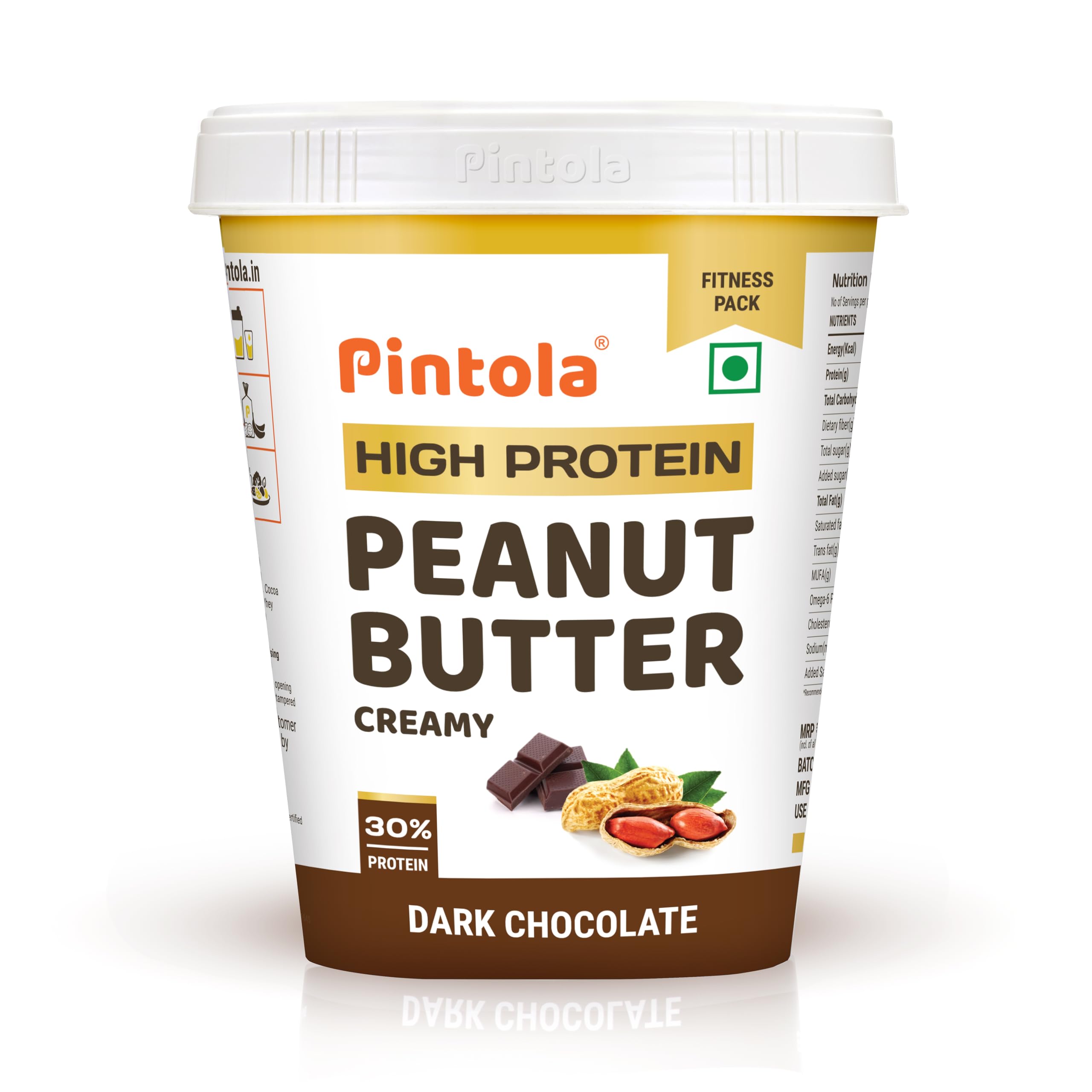 PINTOLA High Protein Peanut Butter Chocolate Flavour Creamy 510g, Added WHEY Protein, 30g Protein 6.2g Fiber, Gluten Free, Zero Trans Fat, Dark Chocolate Peanut Butter Spread, Nut Butter Bread Snacks