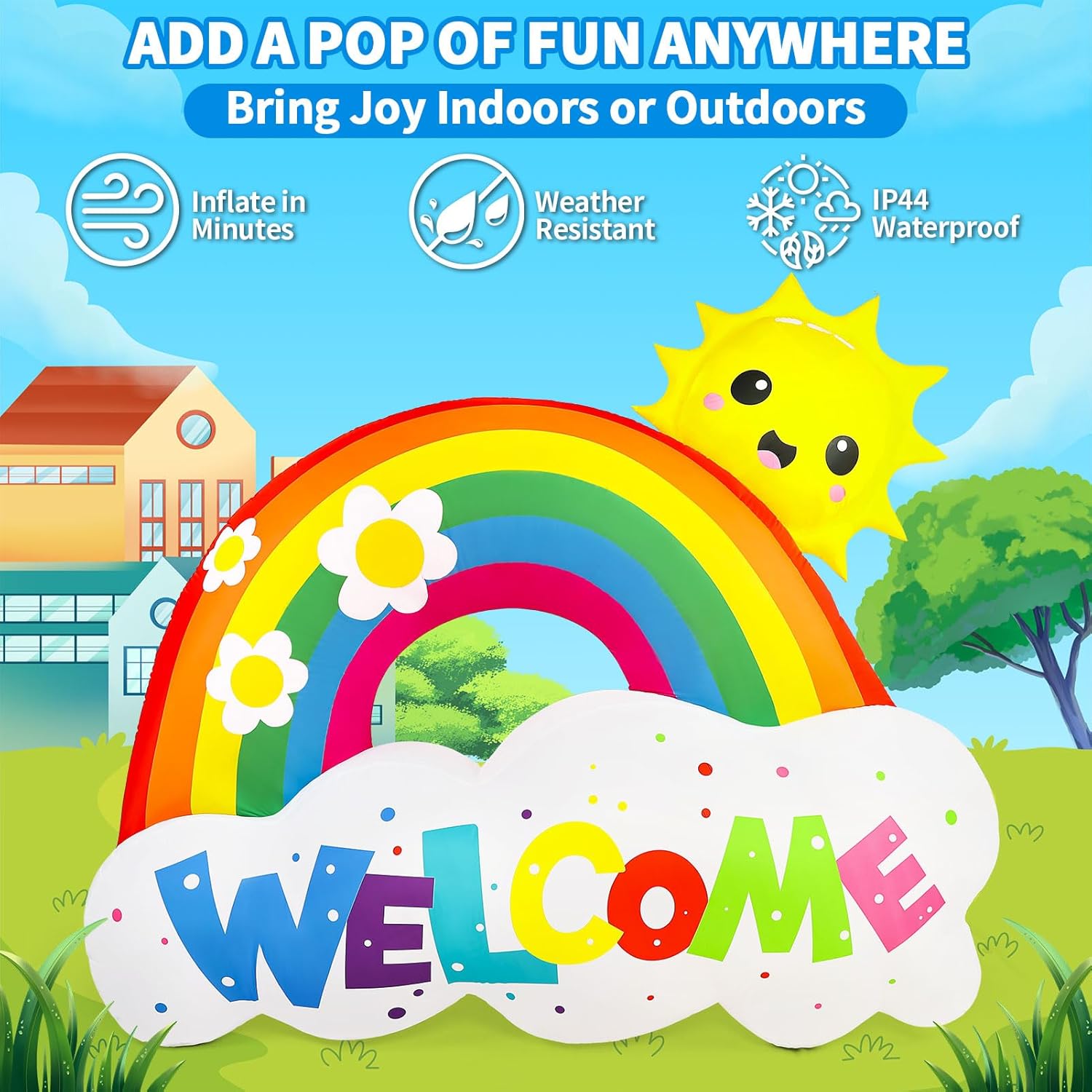 6.7FT Long Back to School Inflatable Outdoor Decorations, Large Rainbow & Sun Blow Up Decor with LED Lights, 2026 First Day of School Yard Decoration for Kindergarten Graduation Welcome Party Outside