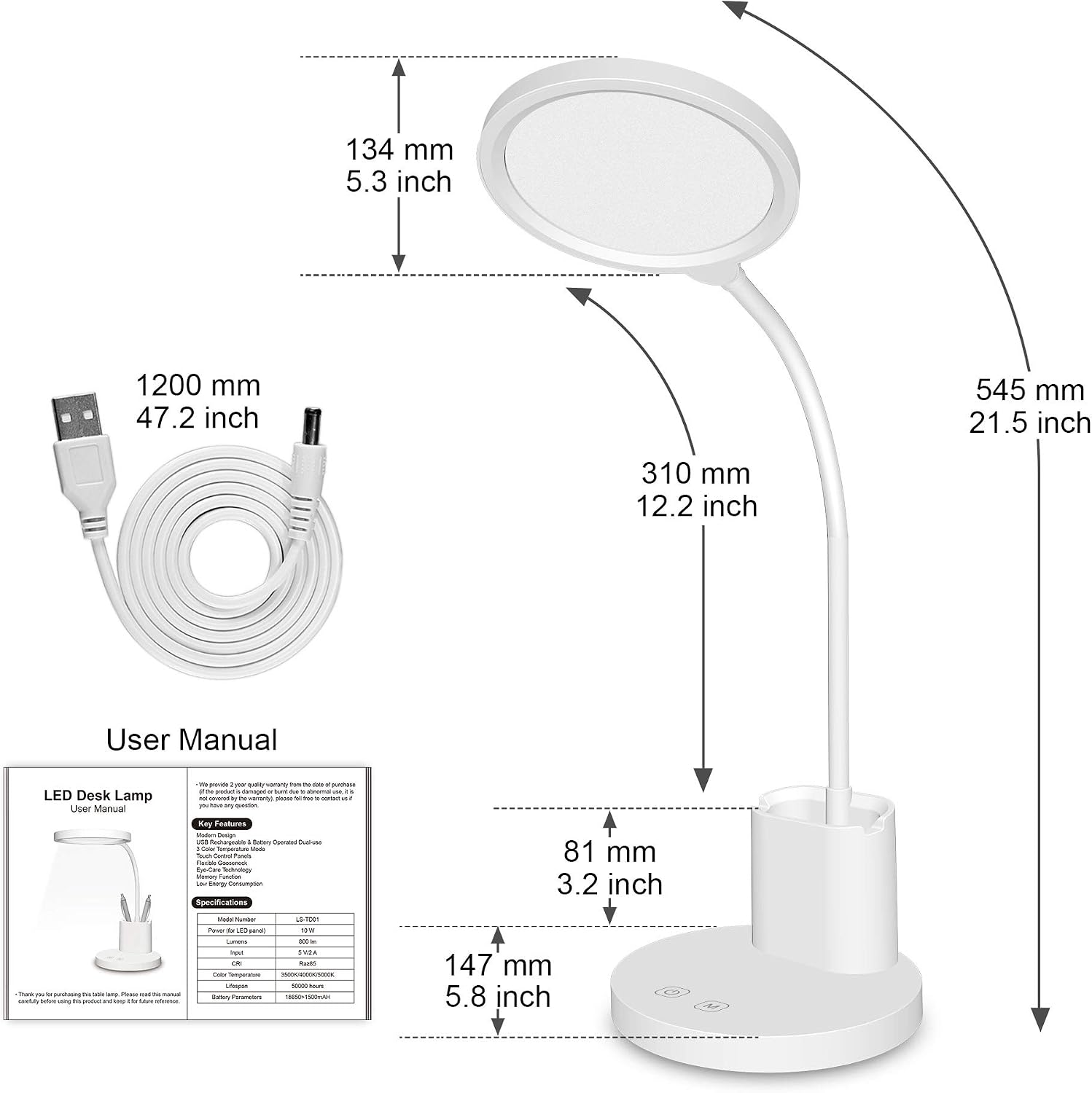 Stepless Dimming LED Desk Lamp,3 Color Modes Rechargeable Modern Table Lamp,Eye-Caring Study Touch Control Flexible Gooseneck Lamp with Pen Holder and Phone Stand,Desk Lamp for Bedroom,Study Room,Dorm