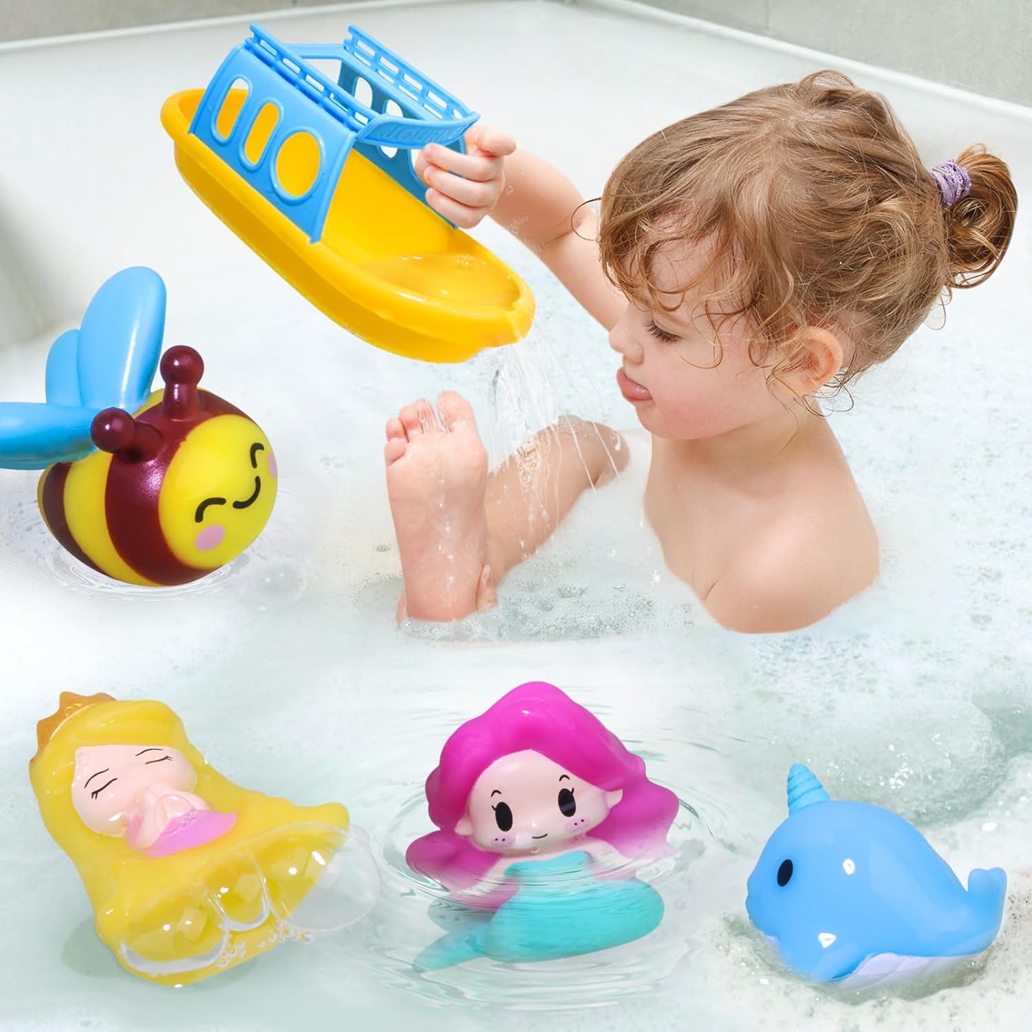 Oriate Mermaid Princess Finger Puppets Bath Toys(5 PCS) for Kids Toddlers 1-3 with Bath Boat, Baby Bathtub Shower Toys, Animal Whale Bee, Floating Water Beach Pool Toys Easter Eggs
