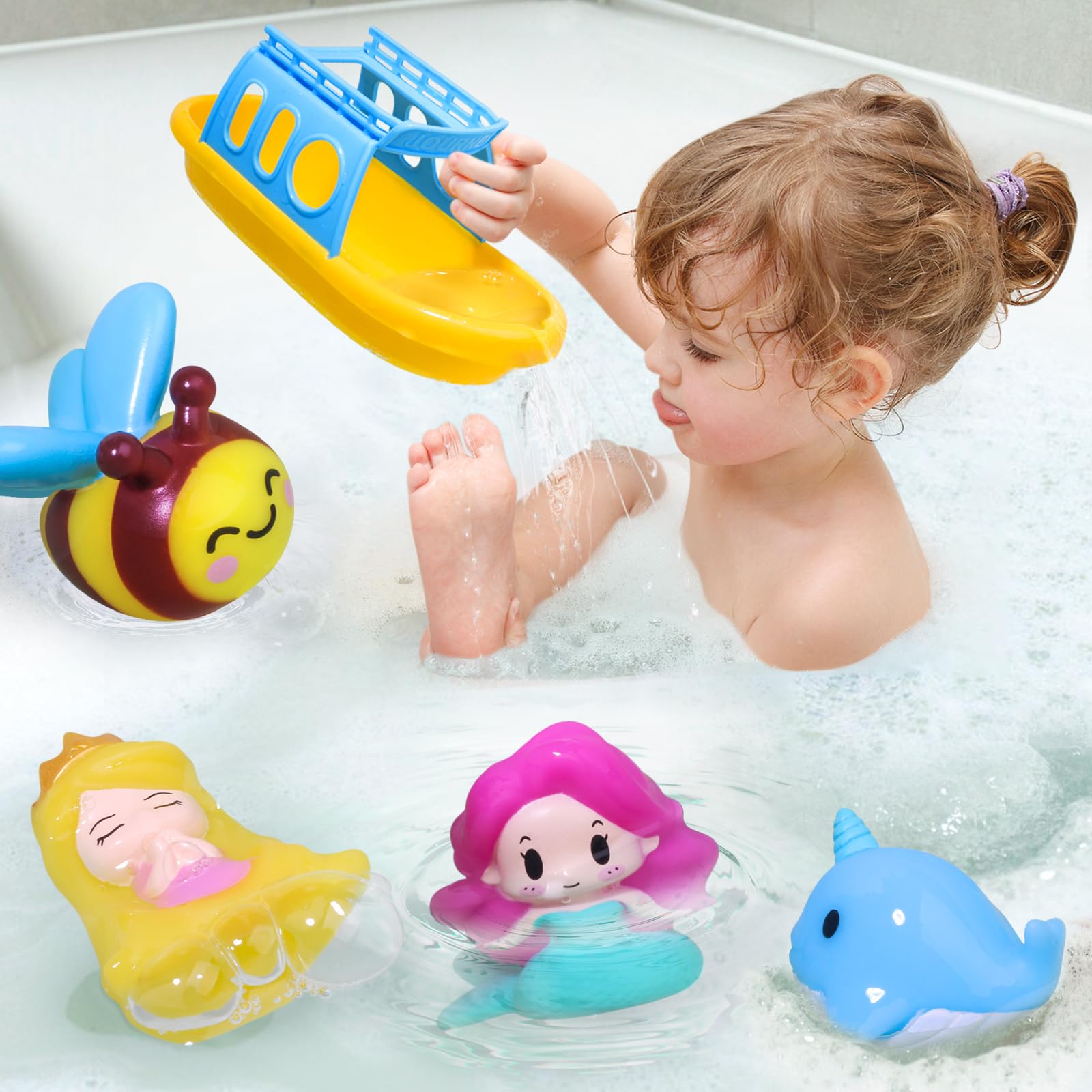 Juguetes de baño de princesa sirena (5 piezas) para niños pequeños de 1 a 3 años con bote de baño, juguetes de ducha para bañera de bebé, abeja de ballena animal, juguetes flotantes de agua 3