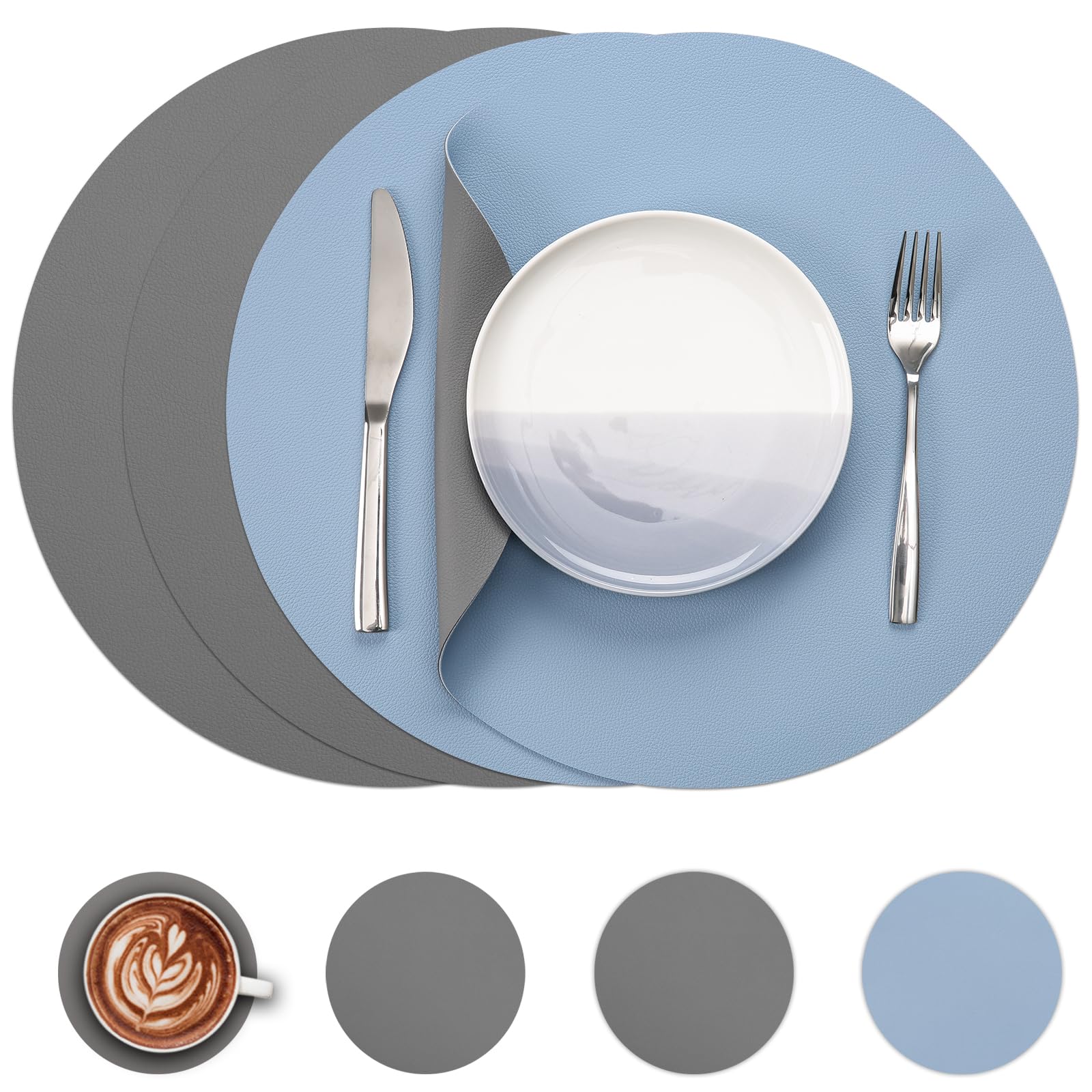 Myir JUN Tischsets 6er Set, Tischsets Abwaschbar Platzsets Rund Ø 38cm Platzdeckchen Rund Doppelseitigen rutschfest Platzsets Kunstleder Leder Tischset Lederoptik