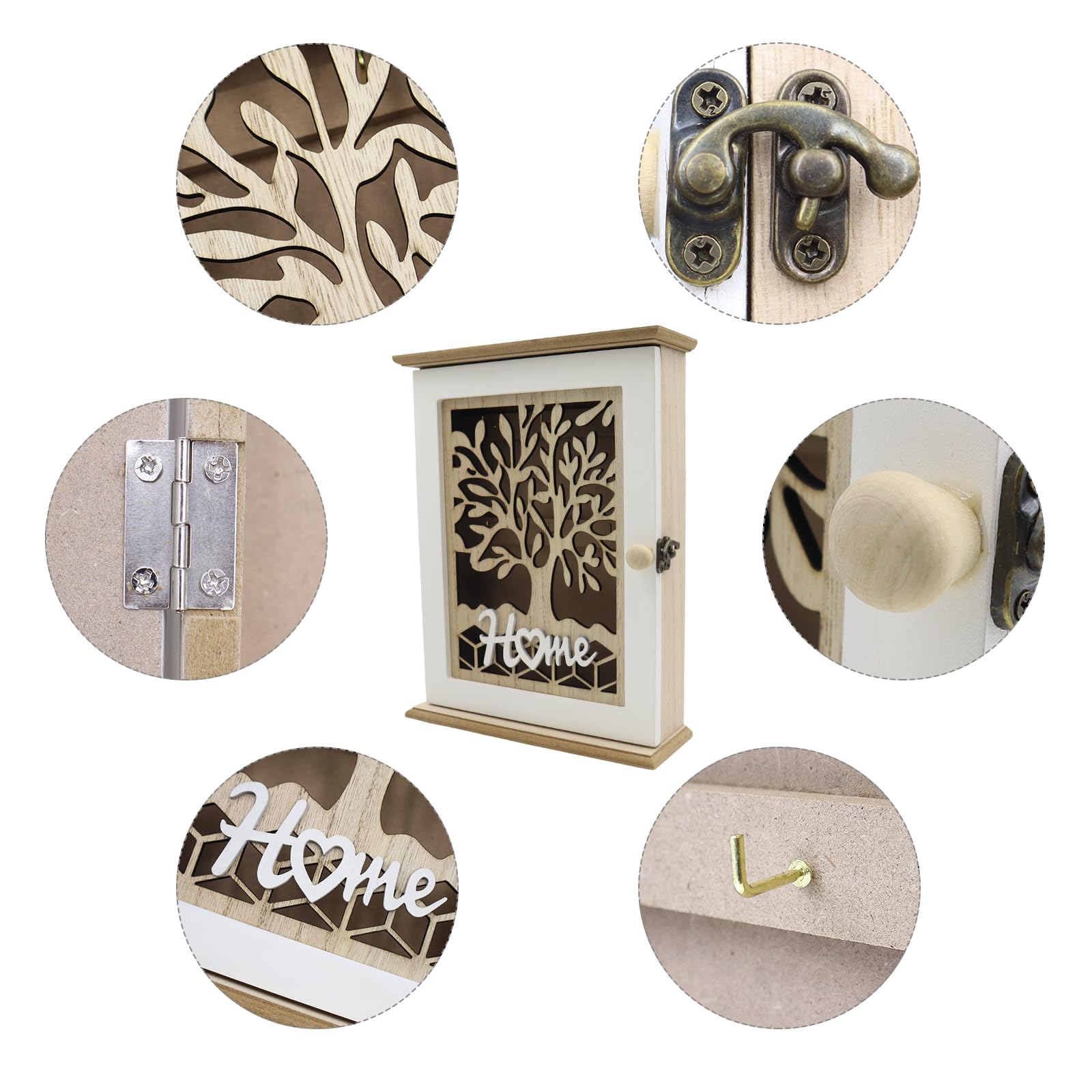 1 Pieza Caja de Madera para Llaves,Caja de Llaves Madera Decorativa,Armario Llaves con 6 Ganchos,Diseño Hueco Retro Decuada para Colocar en Puertas Garajes Oficinas (28,5x22x7cm)