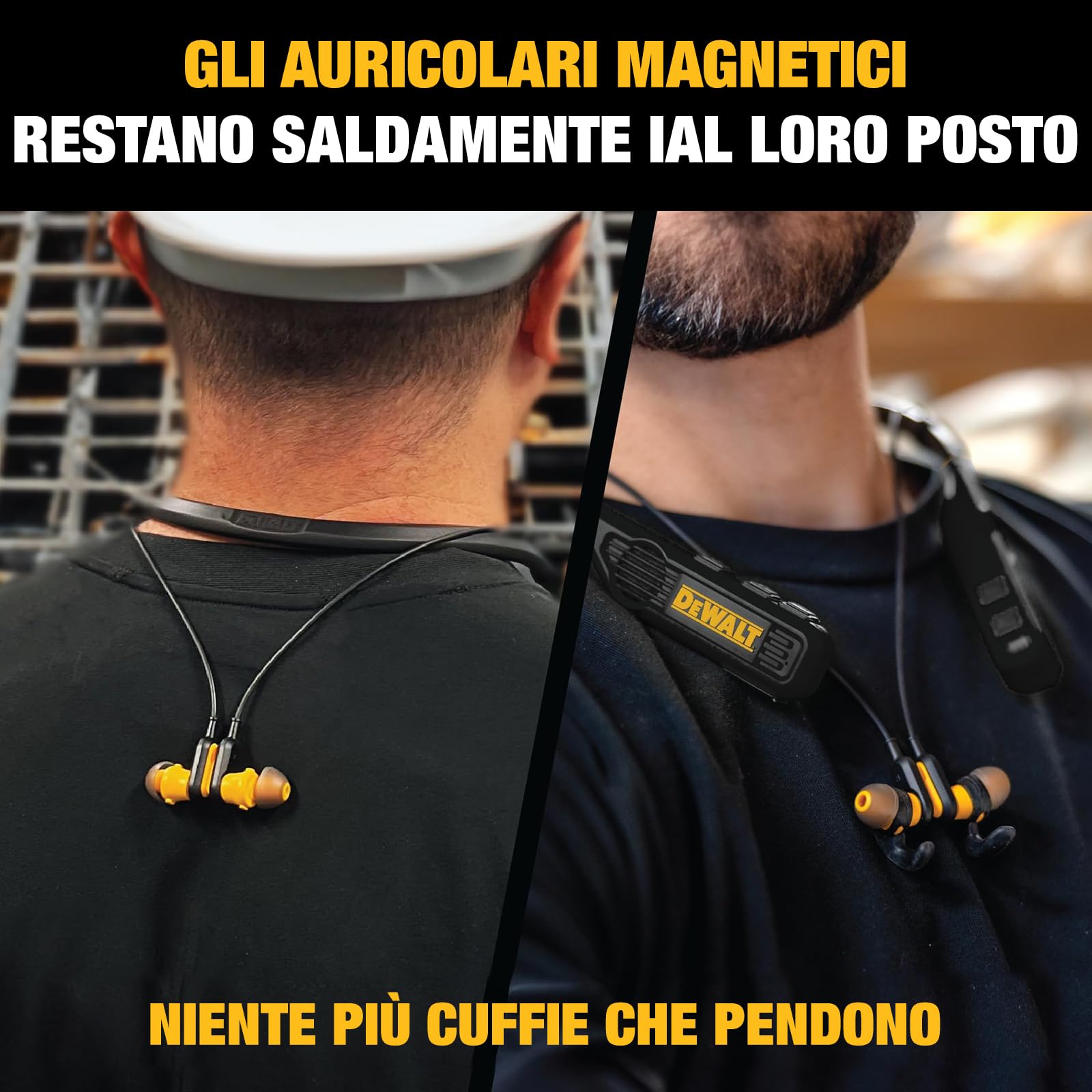 DEWALT Cuffie Bluetooth Neckband 2-in-1 Heavy Duty, Auricolari Wireless con Altoparlanti Integrati, 60+ Ore Autonomia Microfono HD, IP56 Impermeabili, Ideali per Cantiere, Officina e Outdoor Nero