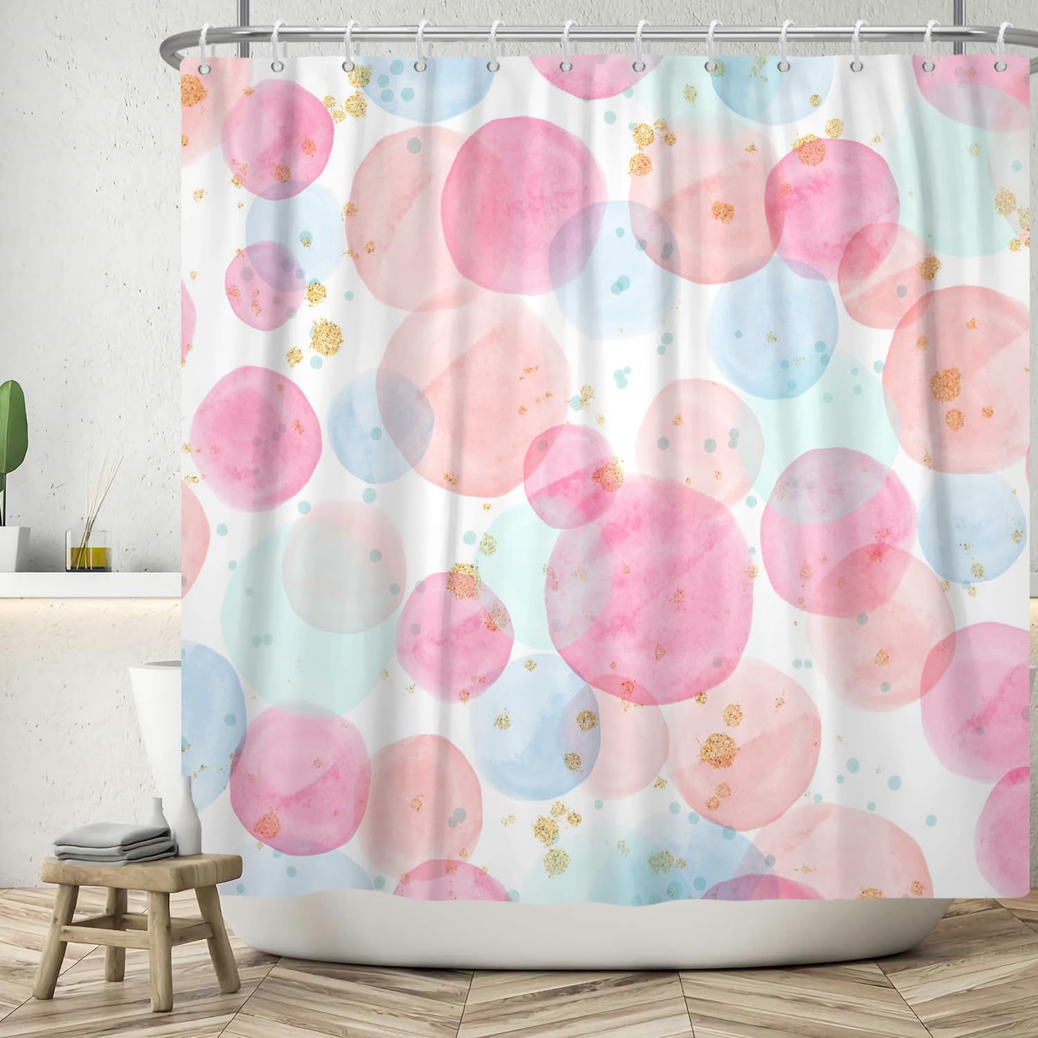 ASDCXZ Shower Curtain 120x180 cm, Modern Simplicity Rose Blue Green Colorful Circle Gold Spot White Bath Washable Shower Curtains Polyester Textile Waterproof Bath Curtain for Bathtub with 8 Hooks โ image 1