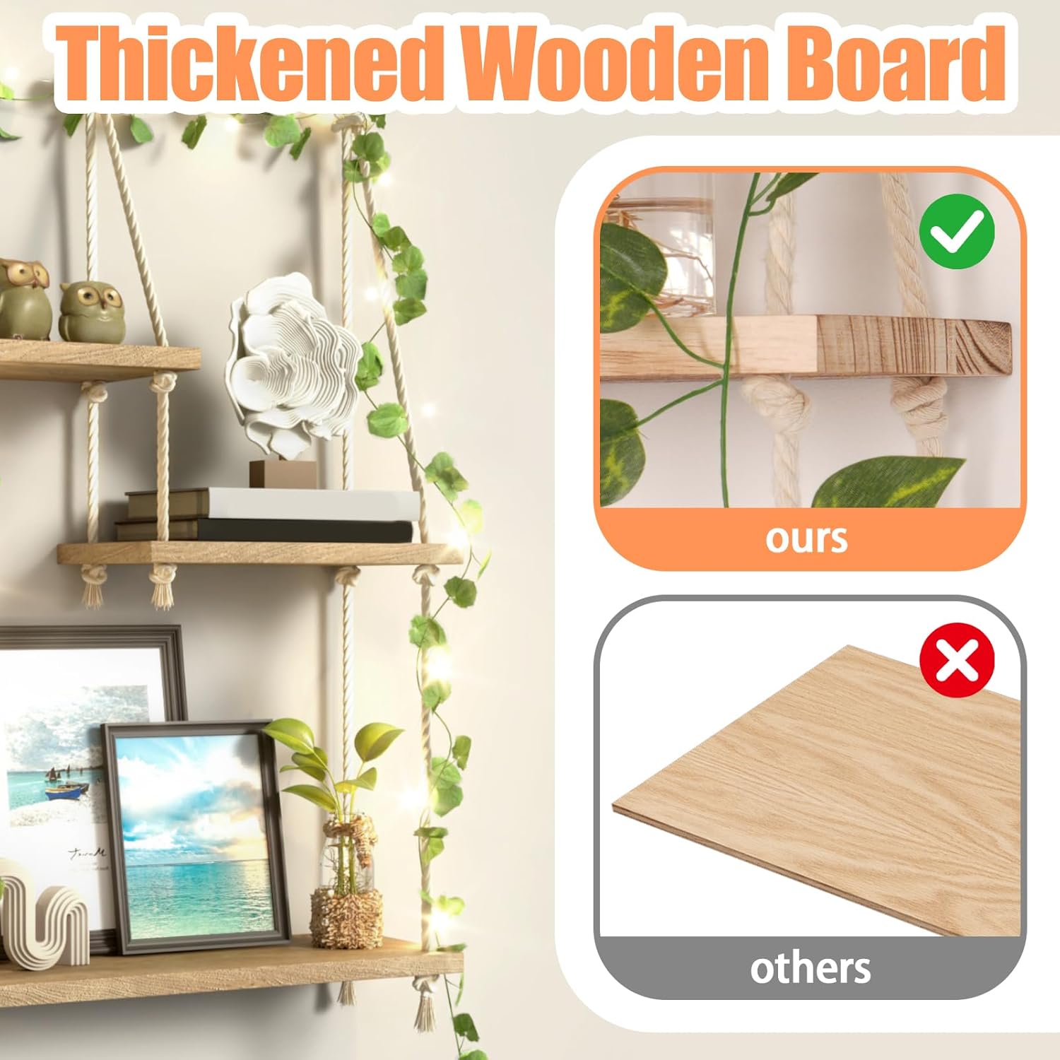 Hanging Shelves for Wall with Vine Lights 3 Tier Boho Wall Shelf Macrame Floating Shelves Rope Rustic Wood Organizer Storage Hanger Rack Decor Aesthetic for Succulents Kitchen Bedroom Bathroom