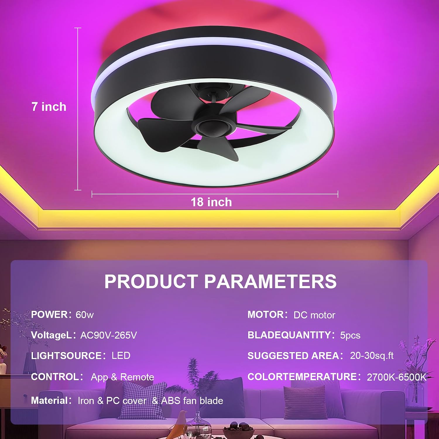 Smart Low Profle Ceiling Fans with RGB Lights Remote/APP Control, 18" Bladeless Ceiling Fans with 6 Speeds, Timer, Quiet DC Motor,for Gazabo,Game Room,Kids Bedroom,Living Room,Home Office