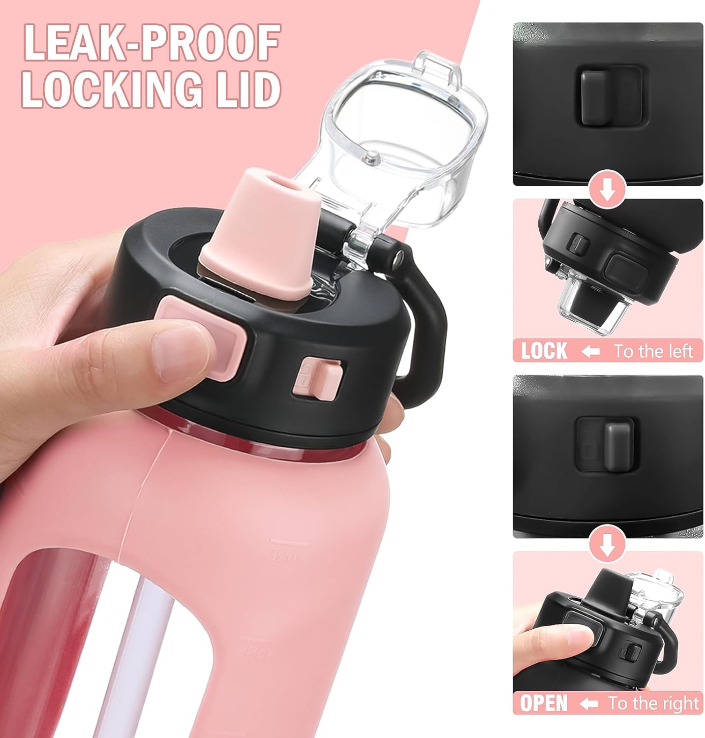 Kodrine Water Bottle With Straw and Carry Handle, Glass Water Bottle 24 oz Leak Proof Locking Lid with Soft Silicone Spout, Reusable Drinking Cups for Travel Sports with Time Marker,Pink - Image 2