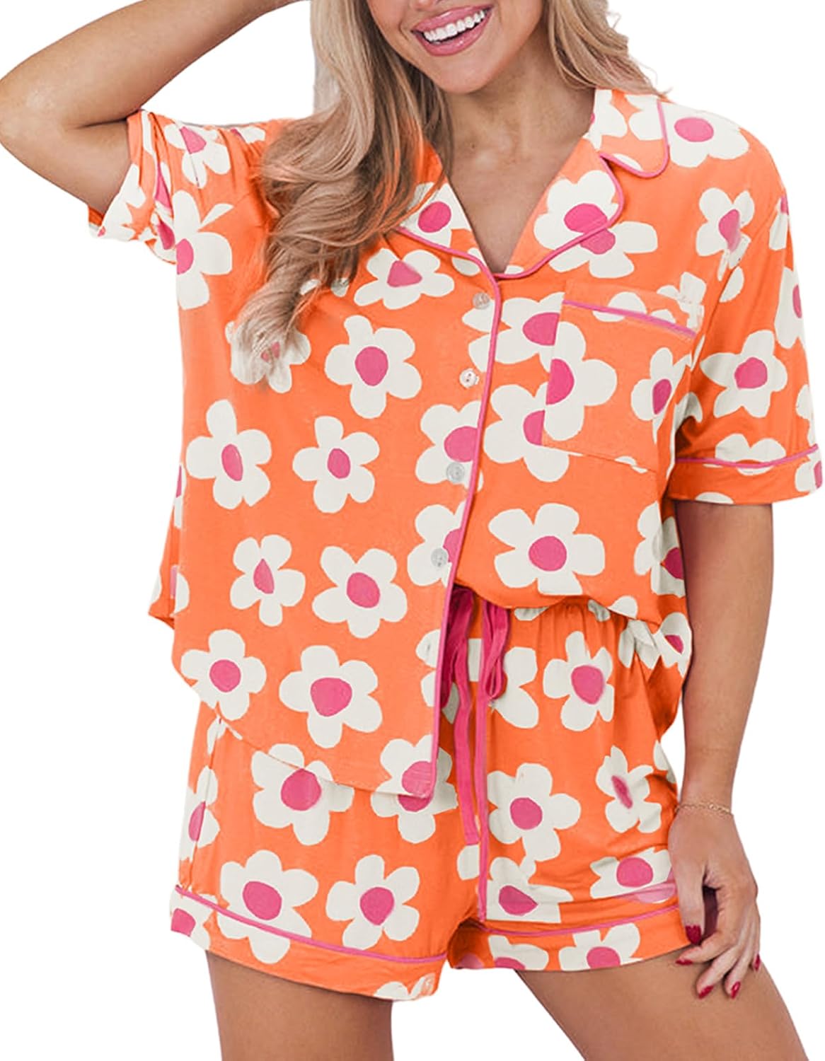 SELINK Womens Summer Pajamas Sets Short Sleeve Flower Print Button Down Sleepwear Loungewear 2 Piece Pj Set