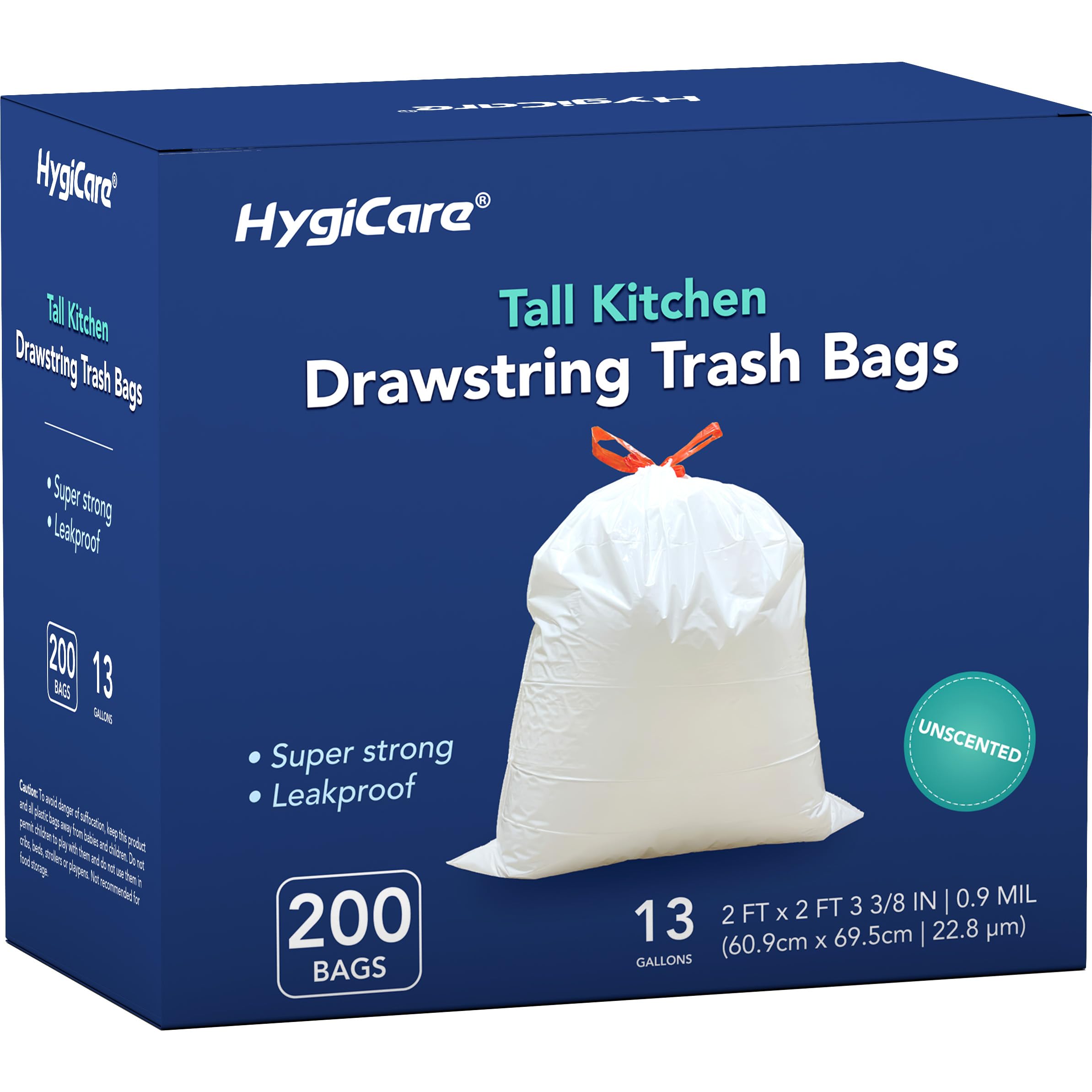 HygiCare Bolsas de basura altas con cordón para cocina, 13 galones, 200 unidades, superfuertes, a prueba de fugas, resistentes, sin perfume