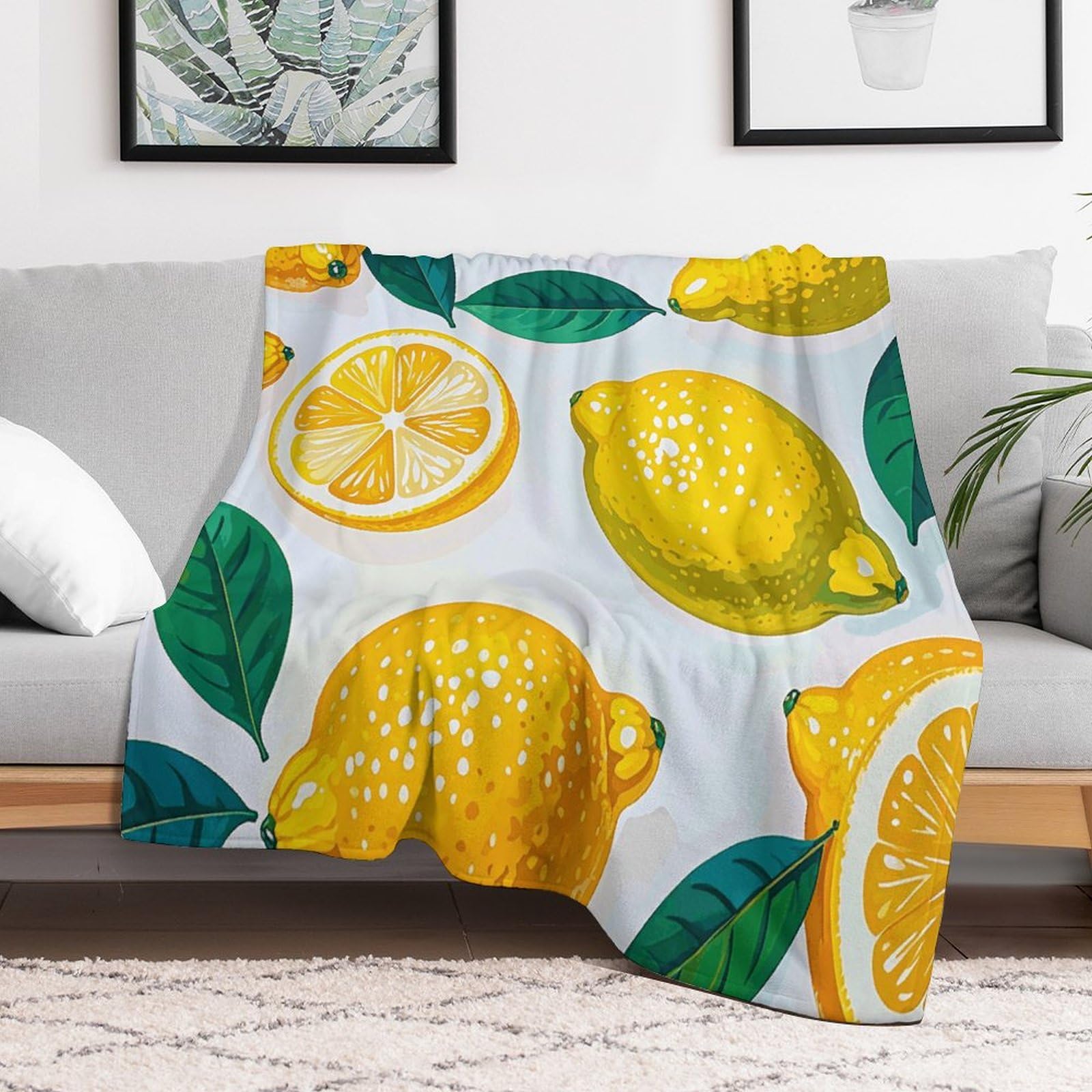 Couverture en micro polaire motifs citrons 152x203cm douce et légère pour canapé
