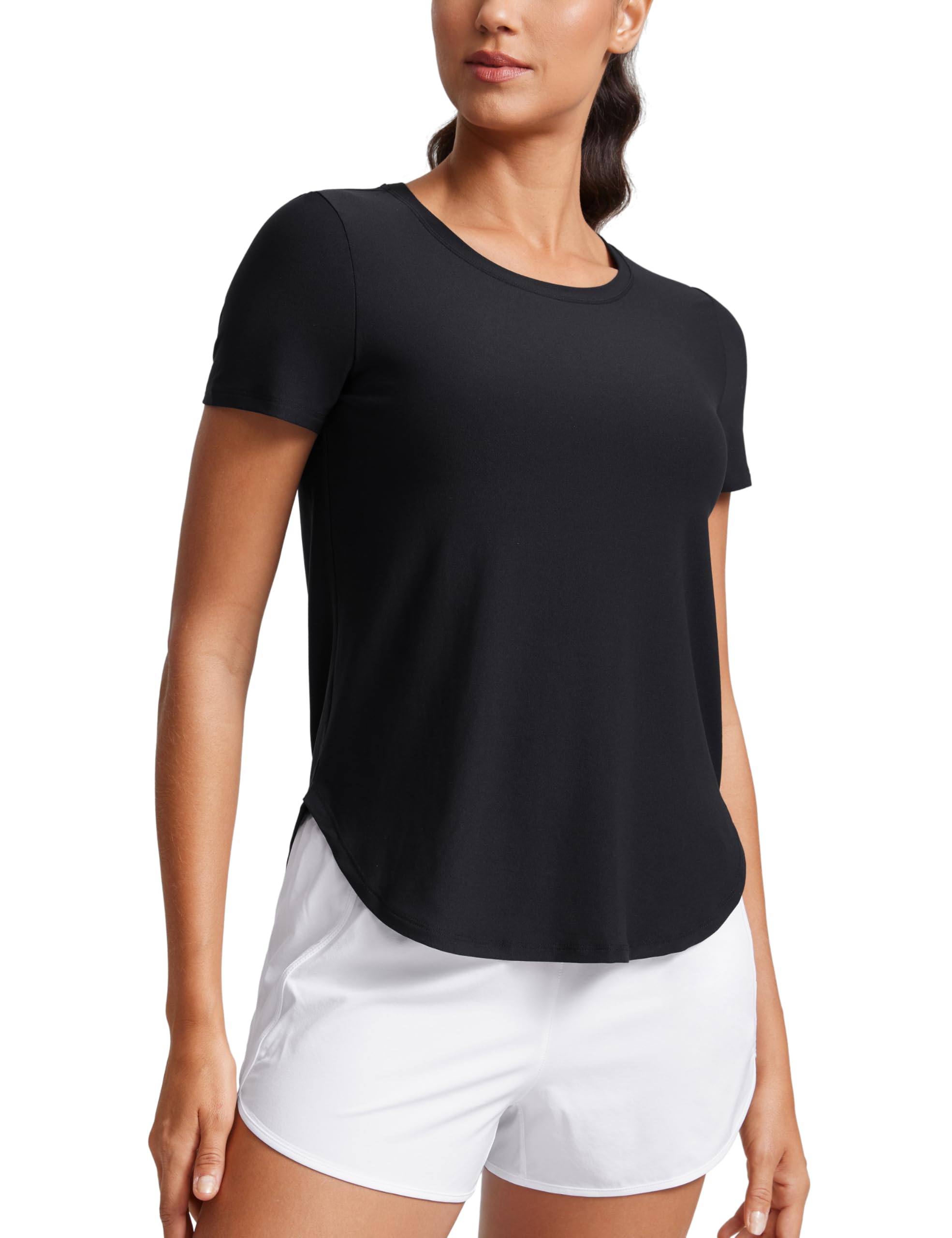 CRZ YOGA Cloudweight Workout Tops for Women Lightweight Athletic Short Sleeve Shirts Gym Running Side Slit T-Shirts Black Large