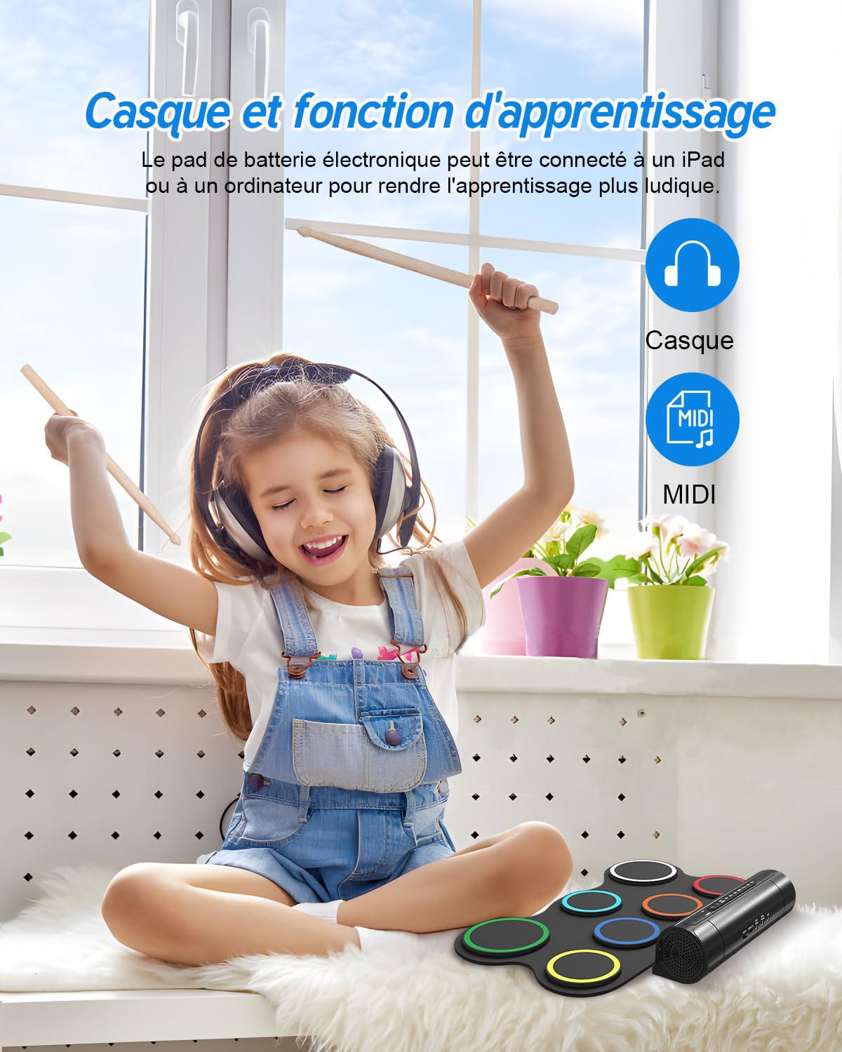 Batterie électronique pour enfants, 7 pads enroulable avec MIDI, kit de tapis de batterie d'entraînement pour débutants et enfants avec haut-parleur stéréo intégré, tambour électronique portable