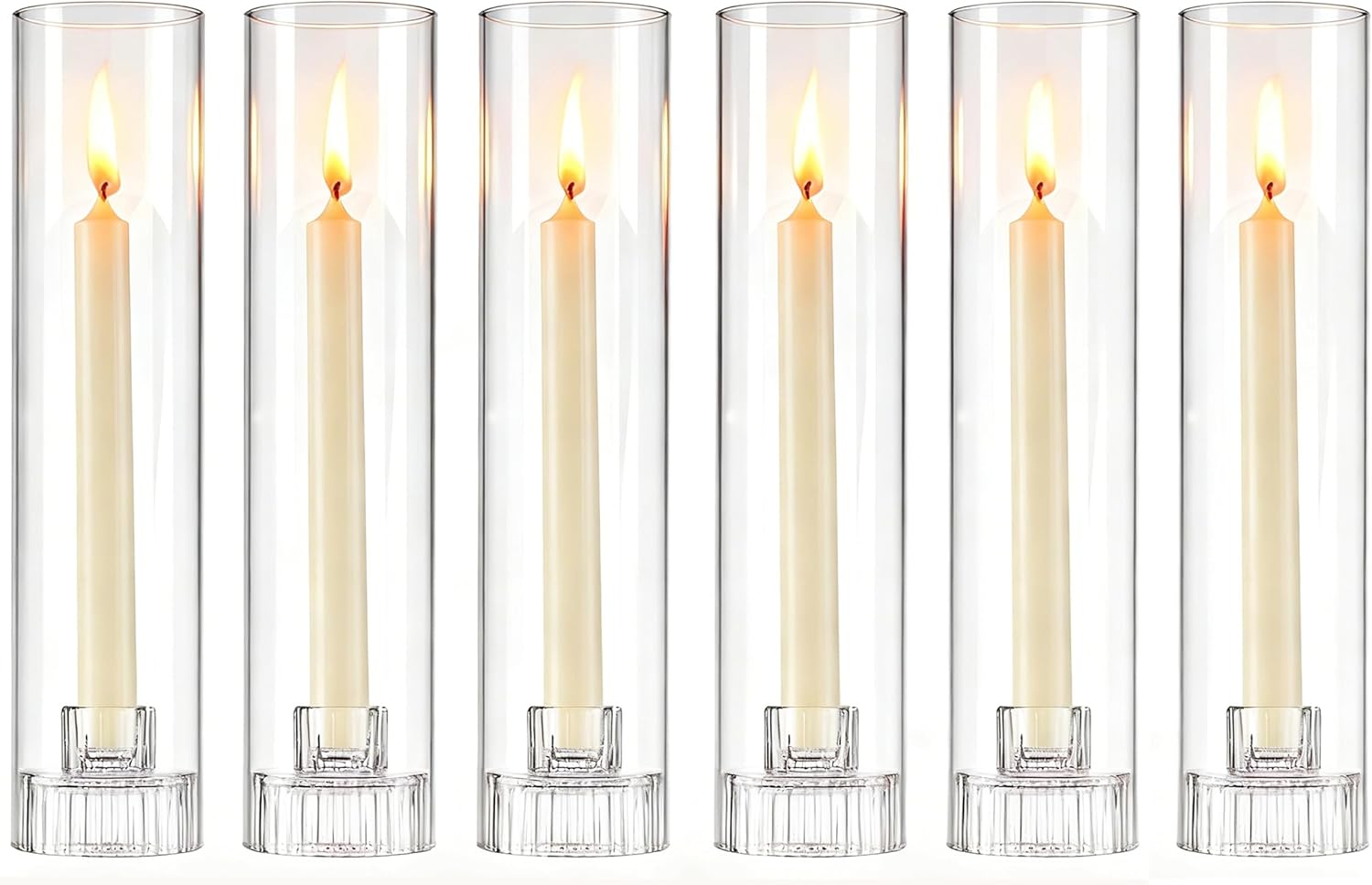 Hurricane Taper Candle Holders - Set of 6 Clear Glass Tapered Candlesticks with Covers, 11.8 inch Tall Fluted Candle Stick Holder Bulk, Ribbed Centerpieces for Wedding Christmas Table Decor