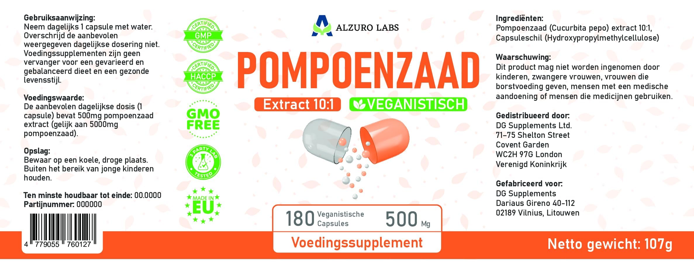 Noyau de citrouille équivalent | 5 000 mg | Haute dose 500 mg 10:1 extrait de noyau entier sans huile | 180 gélules végétaliennes | Stock de 6 mois | GMP & Testé en Laboratoire Indépendant